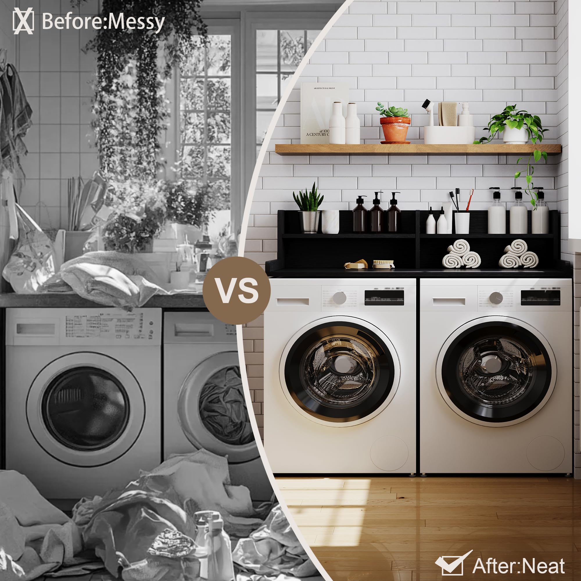 ChooChoo 2-Tier Washer Dryer Countertop with Adjustable Shelf, Spacious Laundry Room Storage for Folding Clothes and Efficient Organization, Black - Image 5