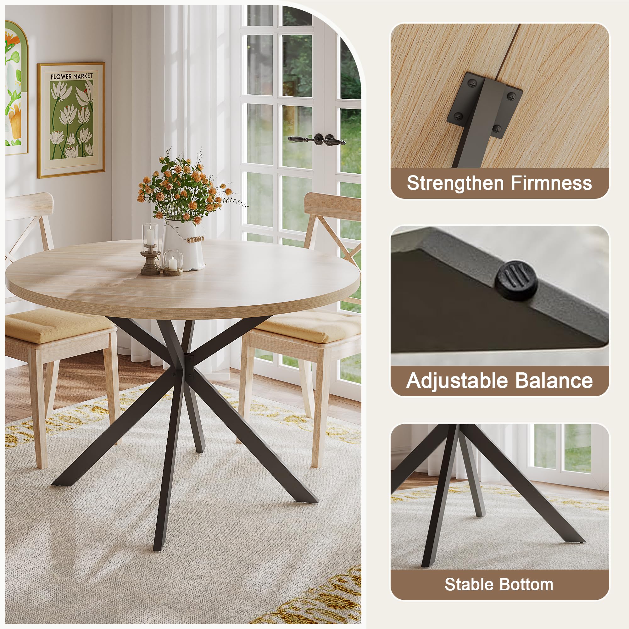 ChooChoo 47.2 Inch Round Dining Table for 4, Farmhouse Wood Kitchen Table, Circle Dinner Table for Kitchen & Dining Room, Natural Oak - Image 5