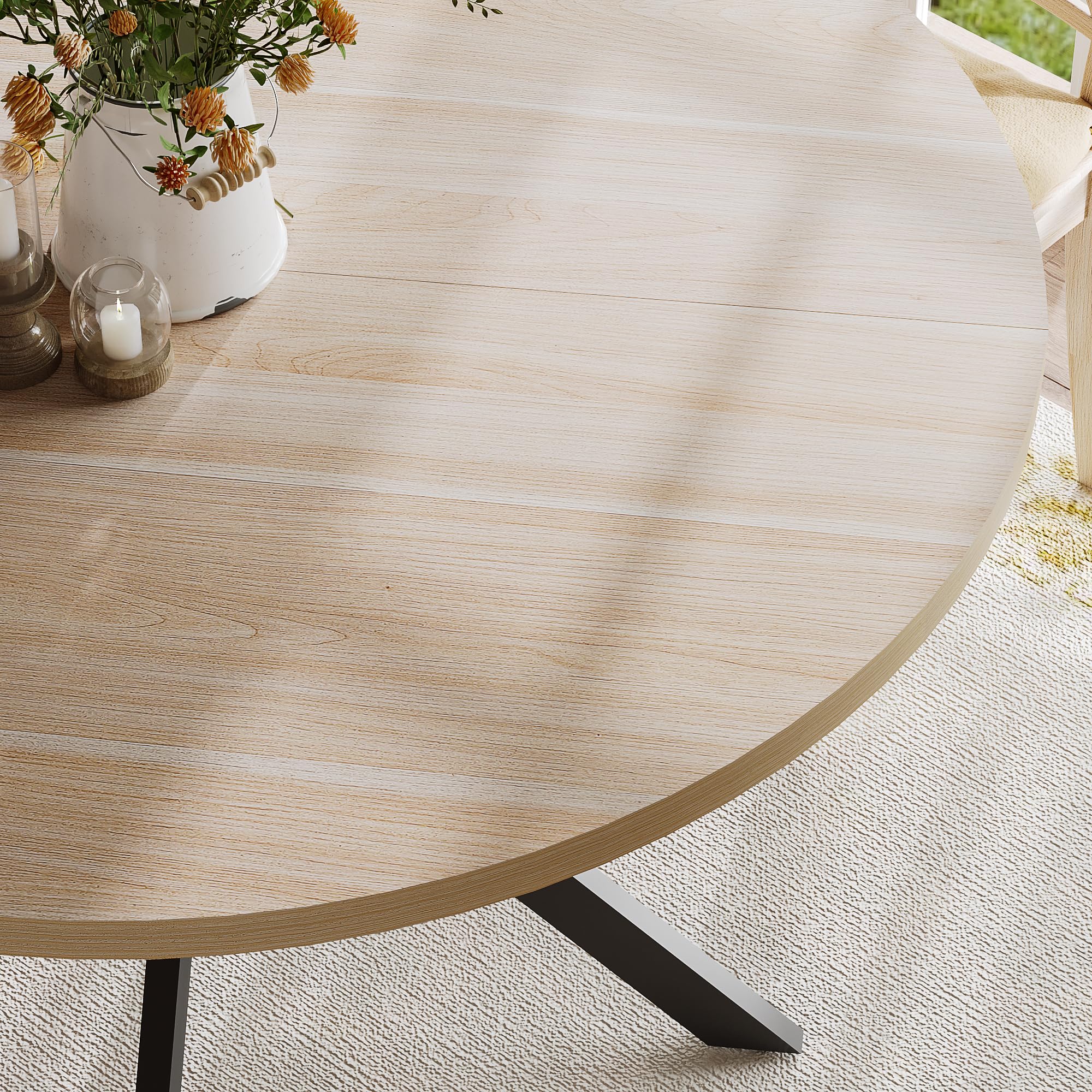 ChooChoo 47.2 Inch Round Dining Table for 4, Farmhouse Wood Kitchen Table, Circle Dinner Table for Kitchen & Dining Room, Natural Oak - Image 6