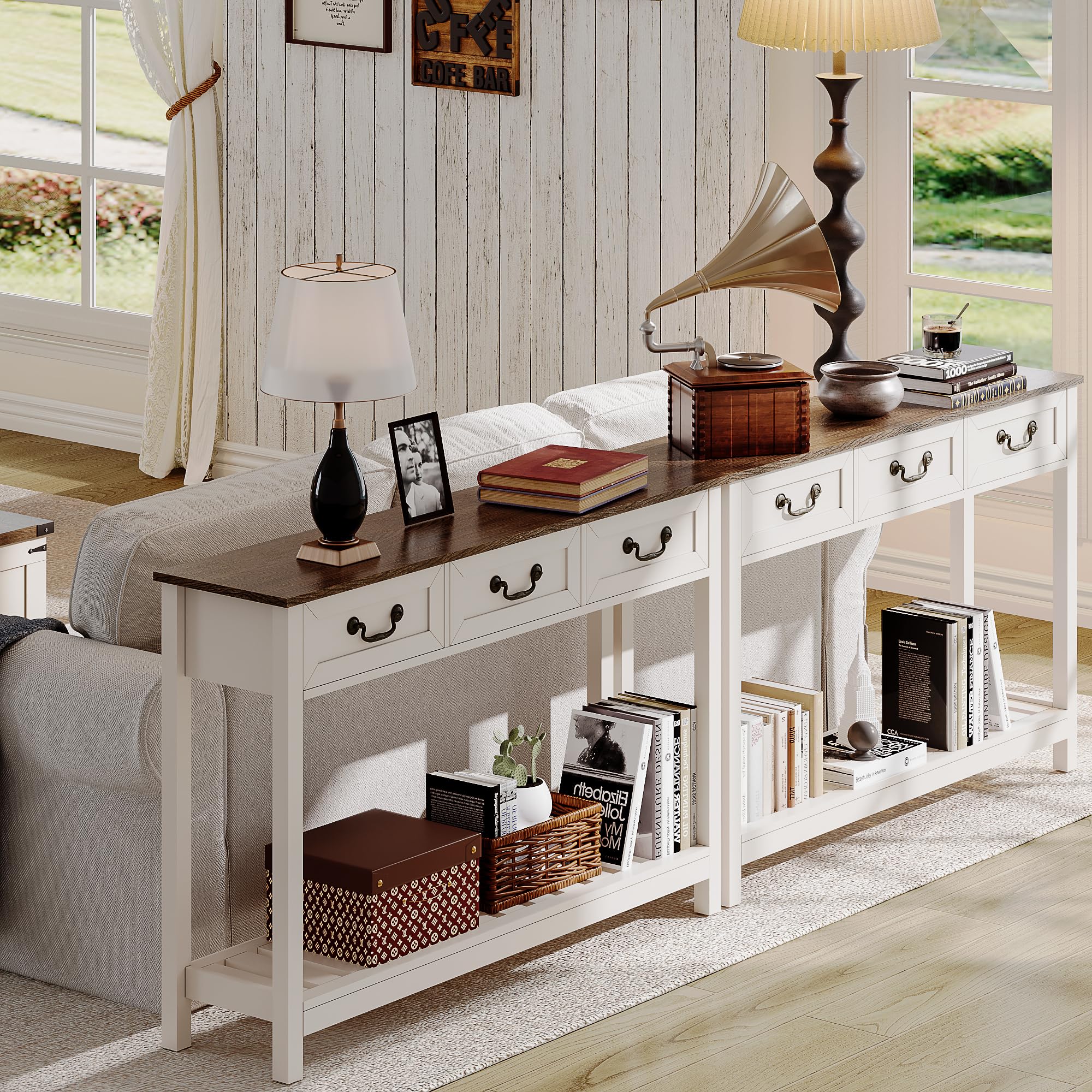 ChooChoo 47" Farmhouse Console Table with 3 Drawers, Rustic Entryway Table, Narrow Long Sofa Table for Living Room, Hallway, Behind Couch, Soft White and Brown - Image 3