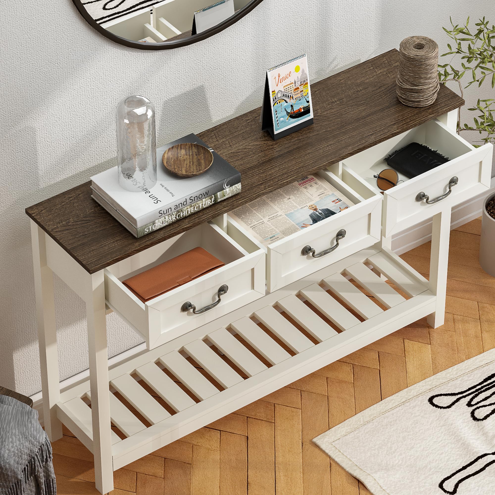 ChooChoo 47" Farmhouse Console Table with 3 Drawers, Rustic Entryway Table, Narrow Long Sofa Table for Living Room, Hallway, Behind Couch, Soft White and Brown - Image 4