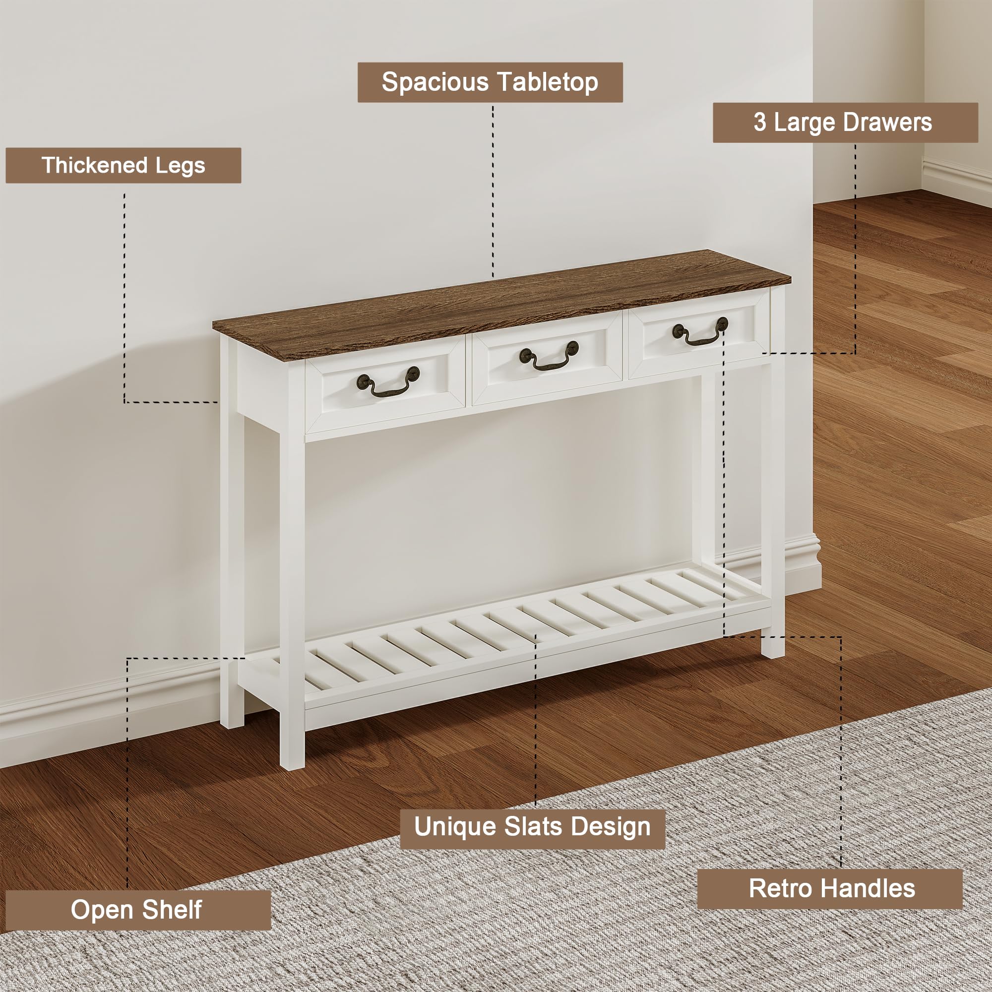 ChooChoo 47" Farmhouse Console Table with 3 Drawers, Rustic Entryway Table, Narrow Long Sofa Table for Living Room, Hallway, Behind Couch, Soft White and Brown - Image 7