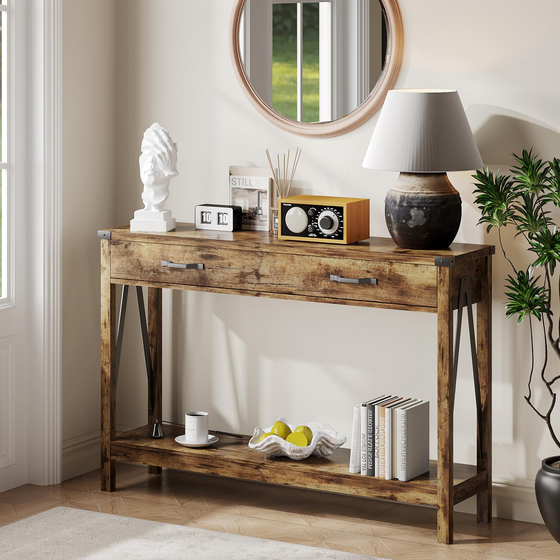 ChooChoo 47'' Farmhouse Console Table with Drawer, Entryway Table with Storage Shelf, Rustic A-Design Sofa Table for Hallway, Entrance, Living Room, Rustic Brown - Image 3