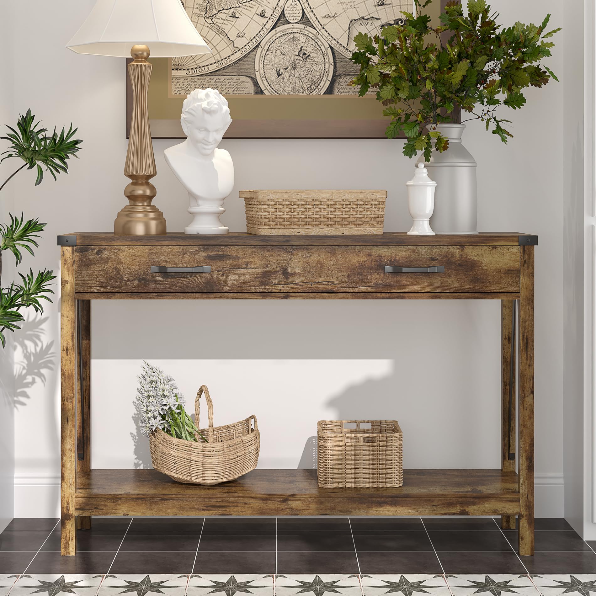 ChooChoo 47'' Farmhouse Console Table with Drawer, Entryway Table with Storage Shelf, Rustic A-Design Sofa Table for Hallway, Entrance, Living Room, Rustic Brown - Image 4
