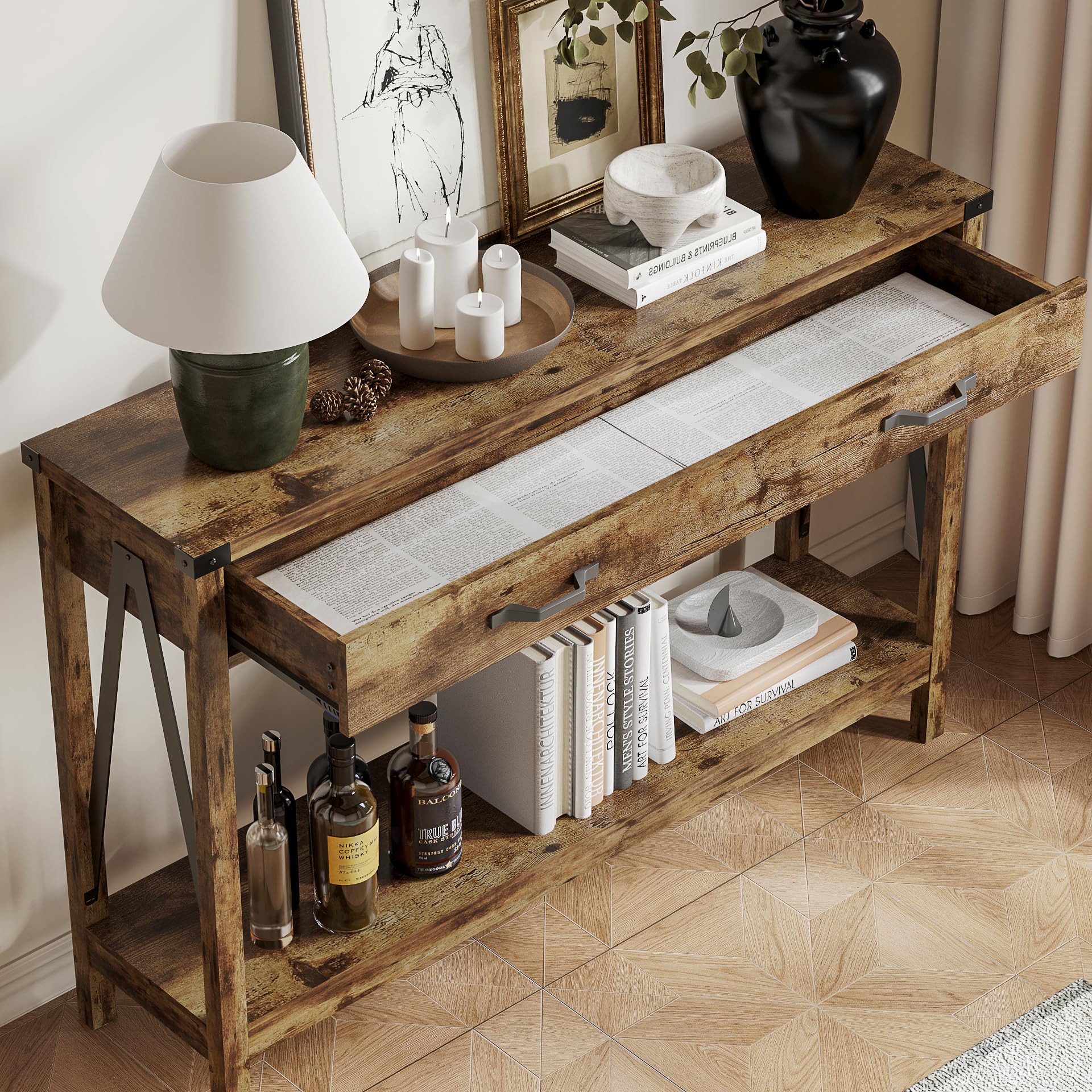 ChooChoo 47'' Farmhouse Console Table with Drawer, Entryway Table with Storage Shelf, Rustic A-Design Sofa Table for Hallway, Entrance, Living Room, Rustic Brown - Image 5