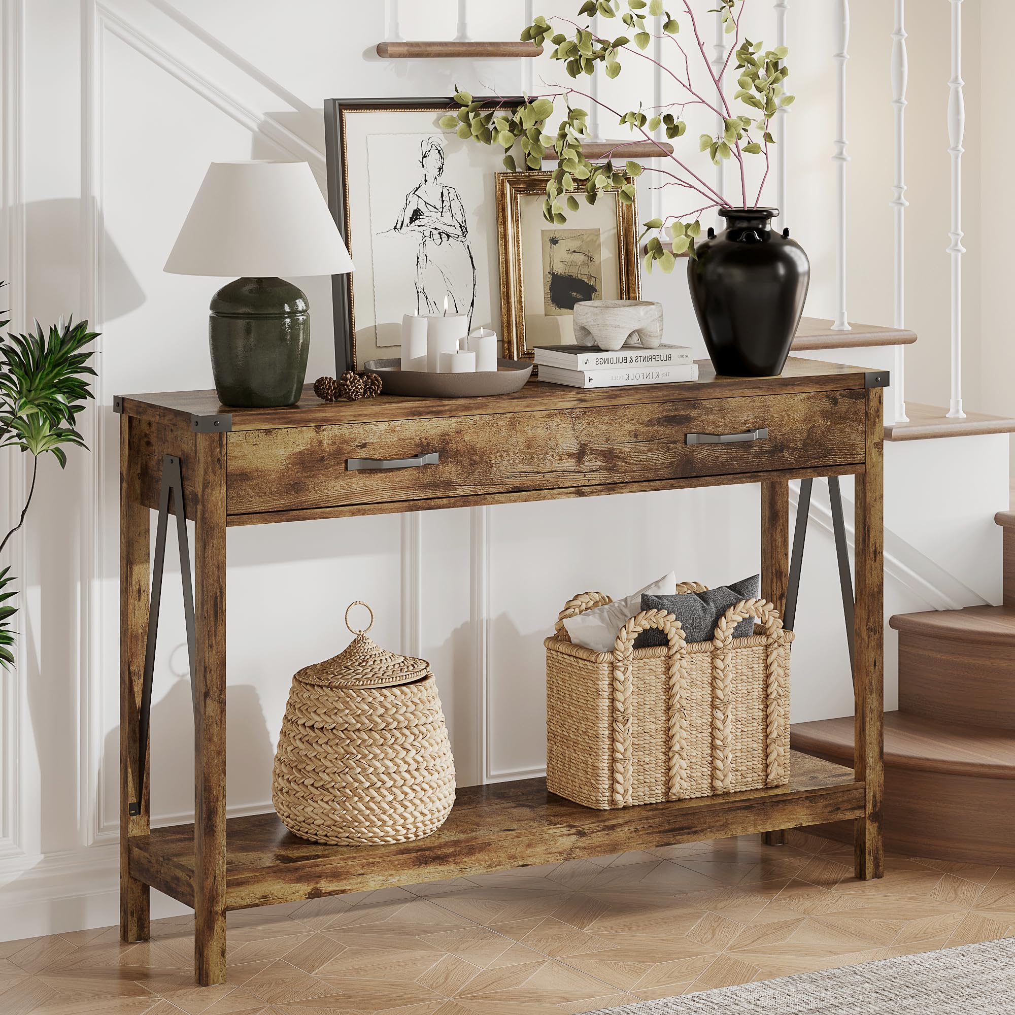 ChooChoo 47'' Farmhouse Console Table with Drawer, Entryway Table with Storage Shelf, Rustic A-Design Sofa Table for Hallway, Entrance, Living Room, Rustic Brown - Image 6