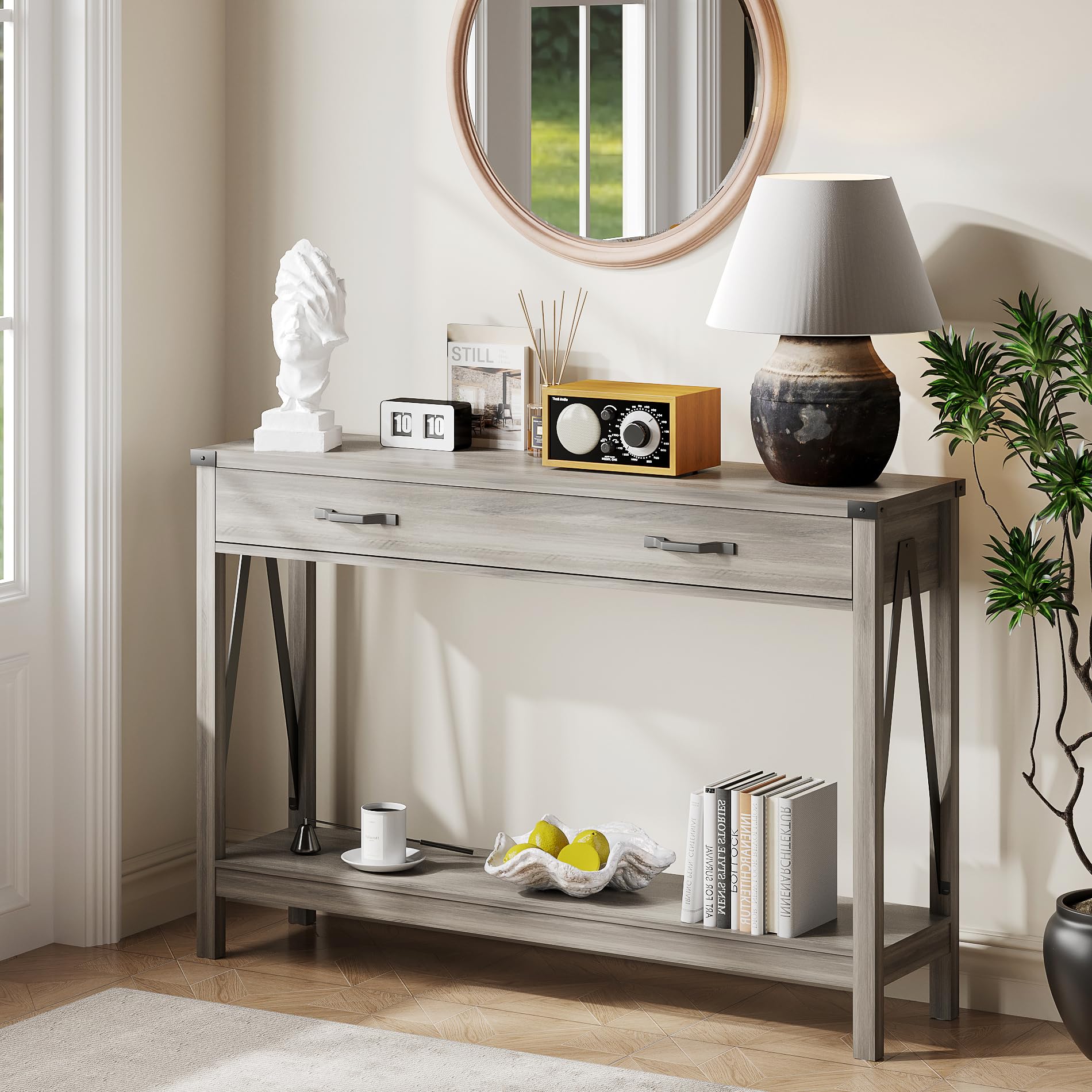 ChooChoo 47'' Farmhouse Console Table with Drawer, Entryway Table with Storage Shelf, Rustic A-Design Sofa Table for Hallway, Entrance, Living Room, Grey - Image 3