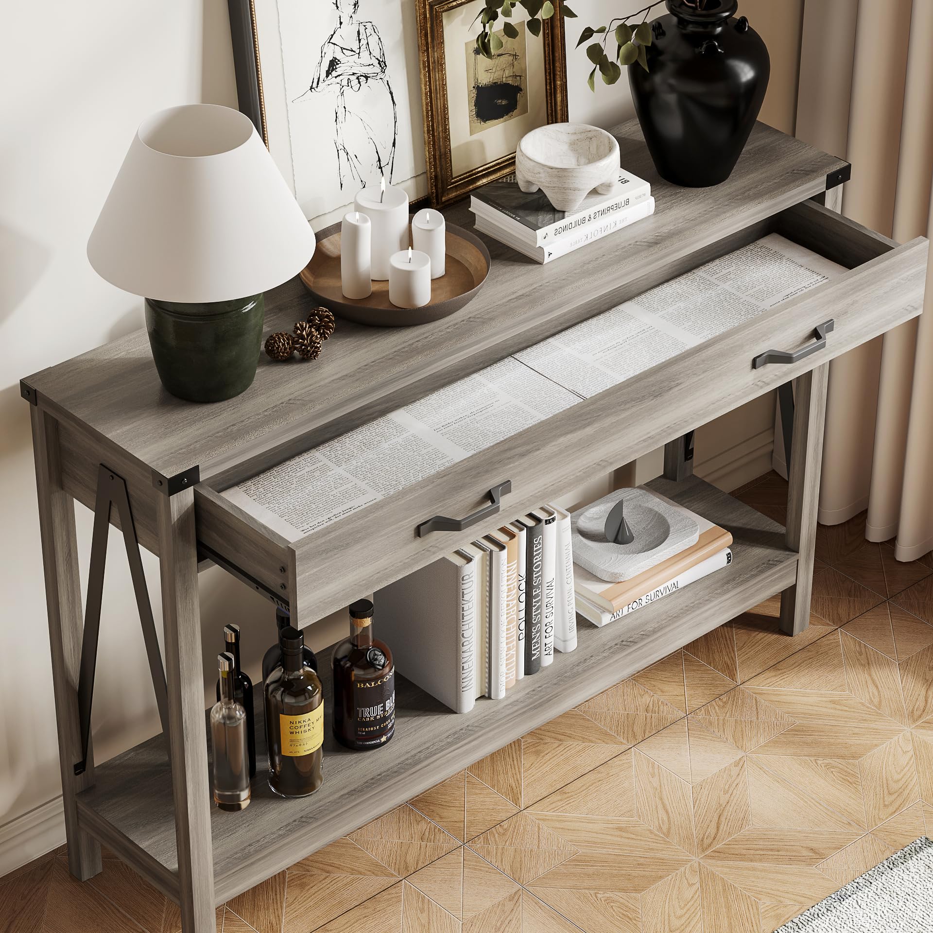 ChooChoo 47'' Farmhouse Console Table with Drawer, Entryway Table with Storage Shelf, Rustic A-Design Sofa Table for Hallway, Entrance, Living Room, Grey - Image 5