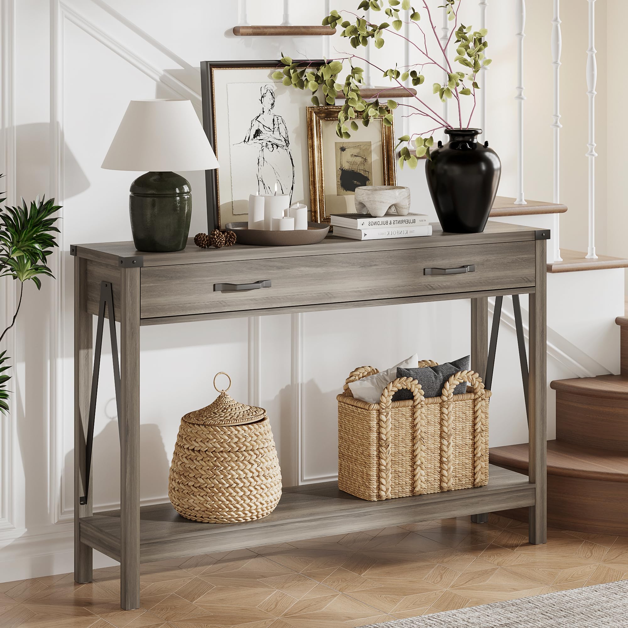 ChooChoo 47'' Farmhouse Console Table with Drawer, Entryway Table with Storage Shelf, Rustic A-Design Sofa Table for Hallway, Entrance, Living Room, Grey - Image 6