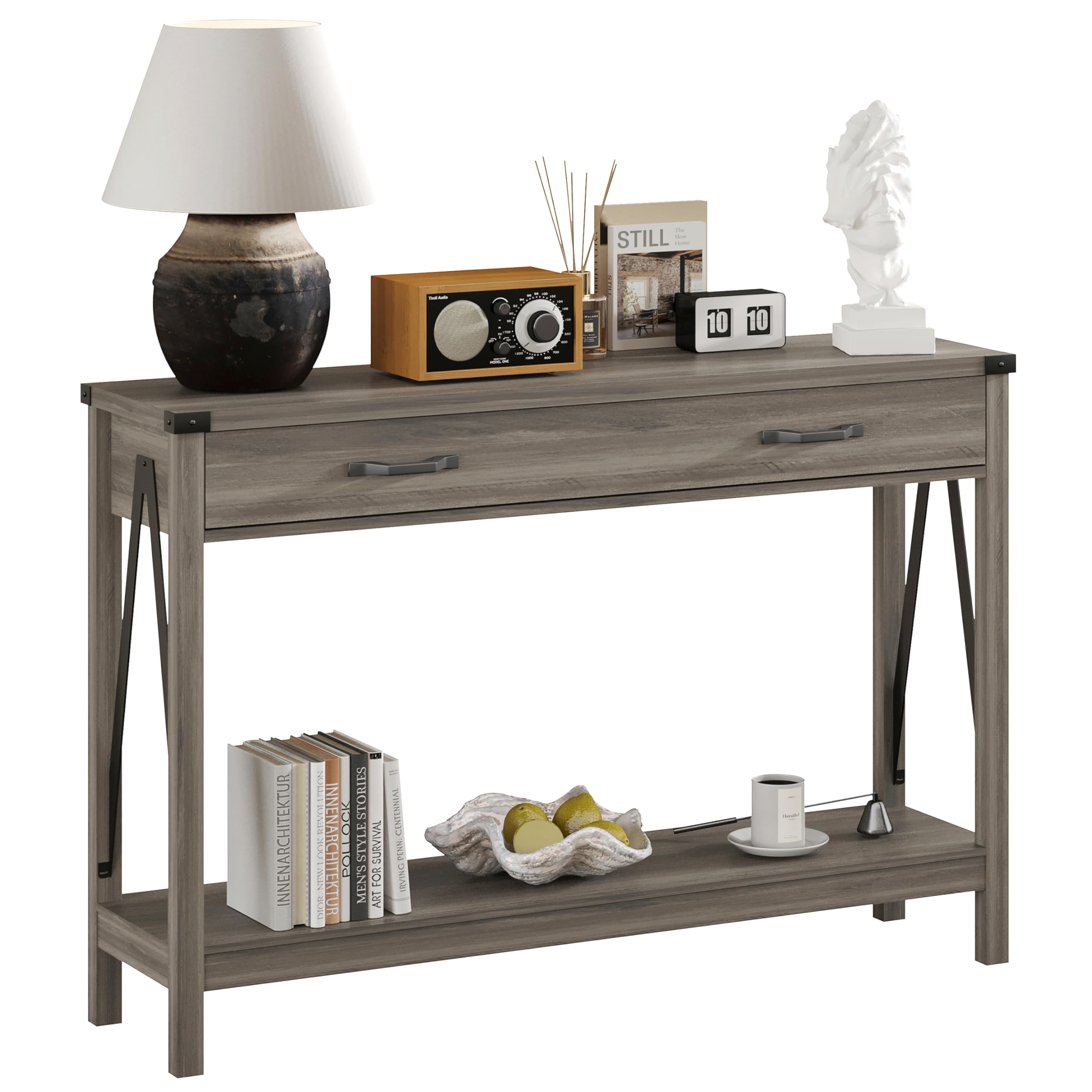 ChooChoo 47'' Farmhouse Console Table with Drawer, Entryway Table with Storage Shelf, Rustic A-Design Sofa Table for Hallway, Entrance, Living Room, Grey - Image 8