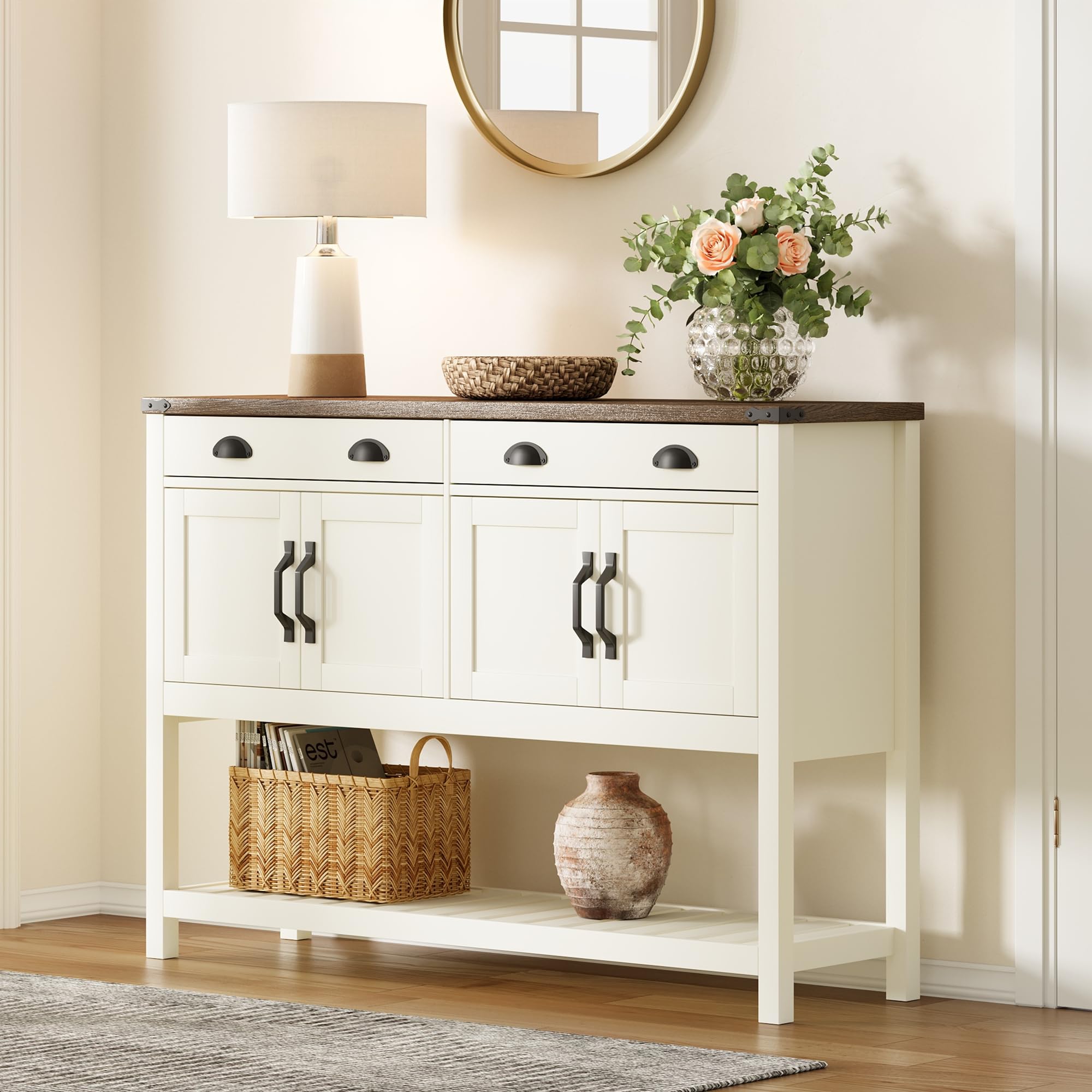 ChooChoo 47" Farmhouse Console Table with Storage, Rustic Entryway Table with Drawers & Doors, Narrow Long Sofa Table for Living Room, Hallway, Behind Couch, Soft White and Brown - Image 3