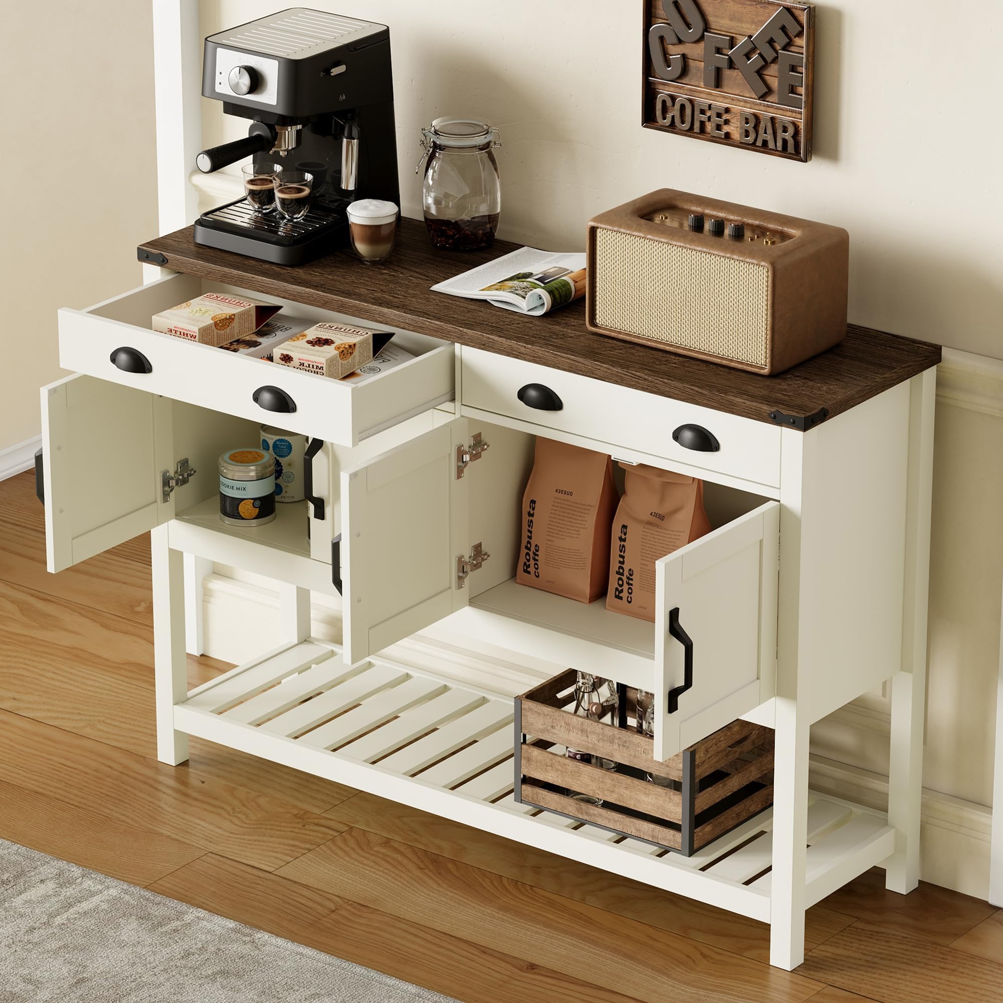 ChooChoo 47" Farmhouse Console Table with Storage, Rustic Entryway Table with Drawers & Doors, Narrow Long Sofa Table for Living Room, Hallway, Behind Couch, Soft White and Brown - Image 5