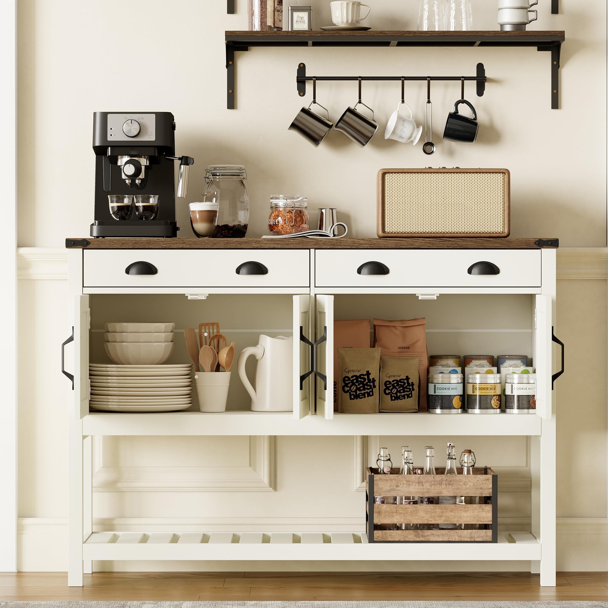 ChooChoo 47" Farmhouse Console Table with Storage, Rustic Entryway Table with Drawers & Doors, Narrow Long Sofa Table for Living Room, Hallway, Behind Couch, Soft White and Brown - Image 6