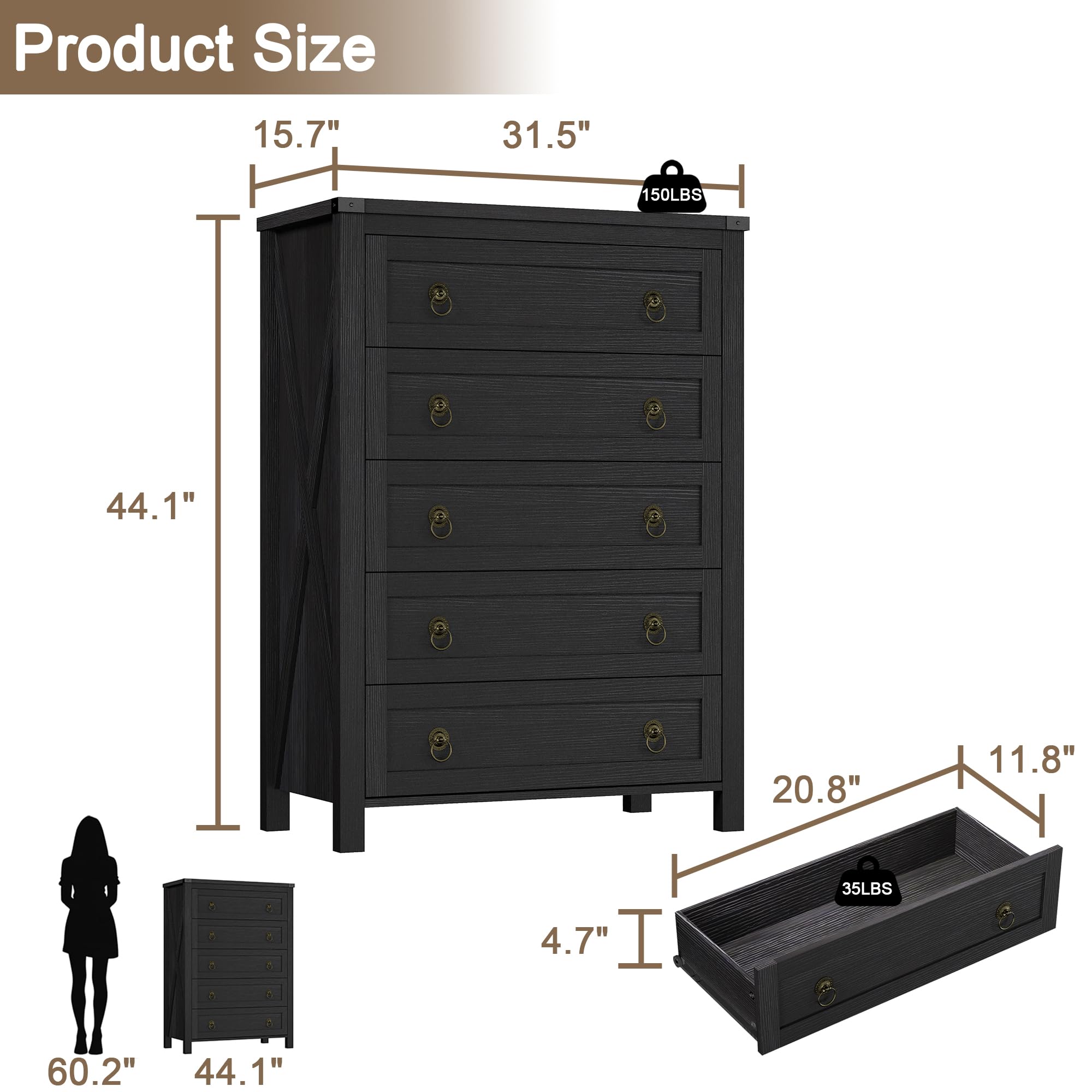 ChooChoo 5 Drawer Dresser for Bedroom, 44.1" Tall Farmhouse Chest of Drawers, Dresser TV Stand with Metal Handle, Storage Organizer Closet for Living Room, Hallway, Black - Image 3