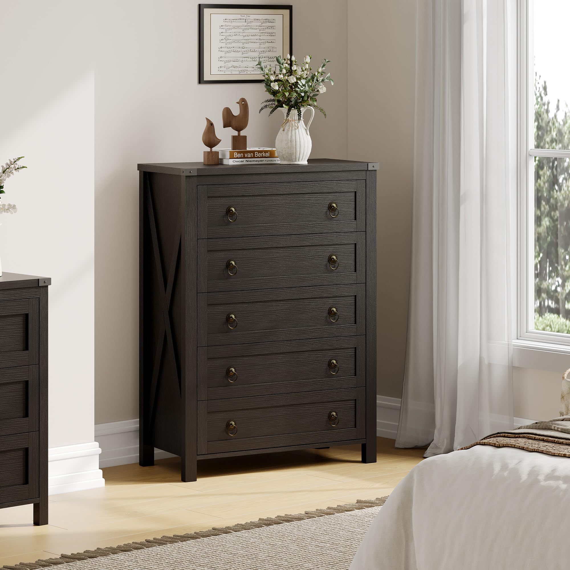 ChooChoo 5 Drawer Dresser for Bedroom, 44.1" Tall Farmhouse Chest of Drawers, Dresser TV Stand with Metal Handle, Storage Organizer Closet for Living Room, Hallway, Black - Image 4