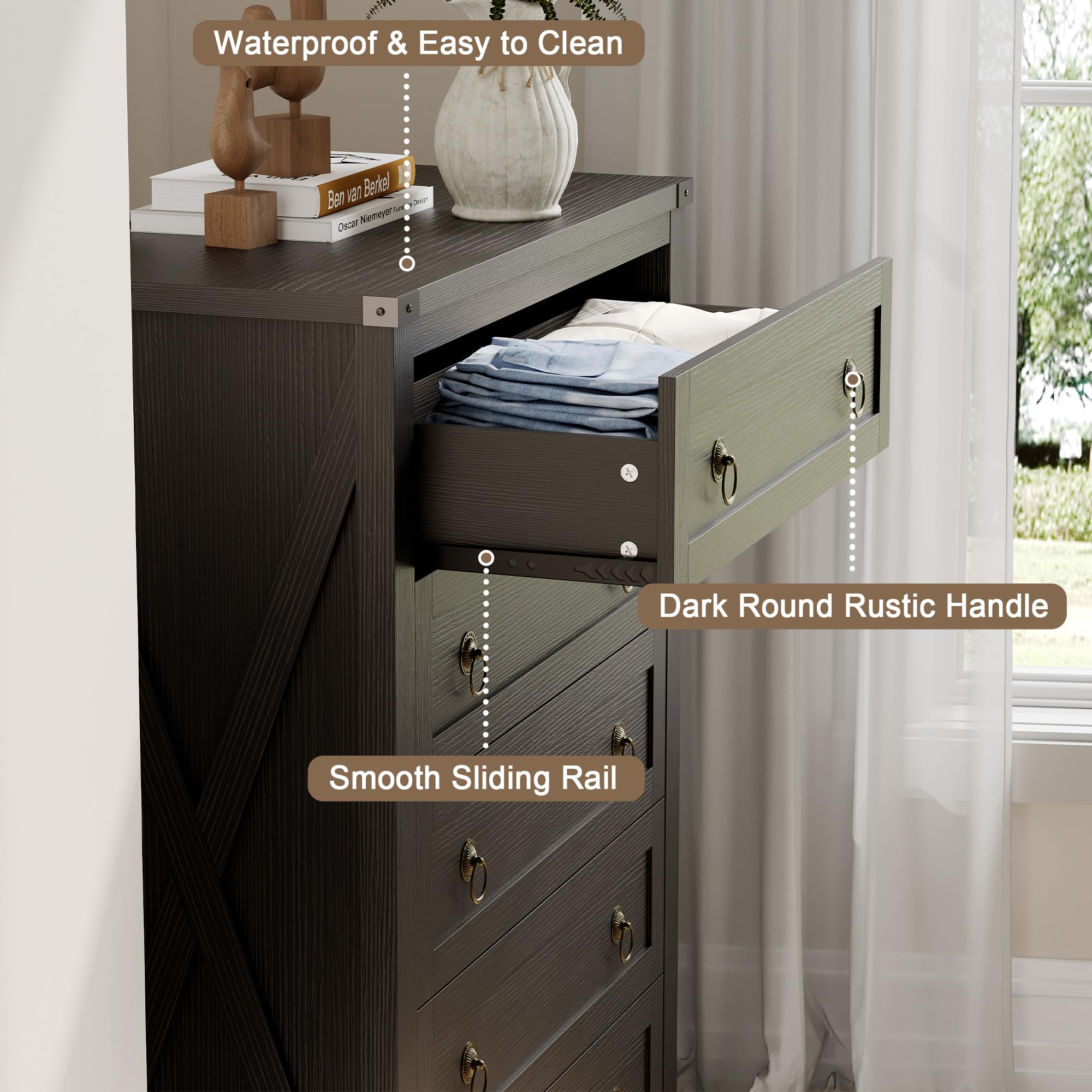 ChooChoo 5 Drawer Dresser for Bedroom, 44.1" Tall Farmhouse Chest of Drawers, Dresser TV Stand with Metal Handle, Storage Organizer Closet for Living Room, Hallway, Black - Image 7