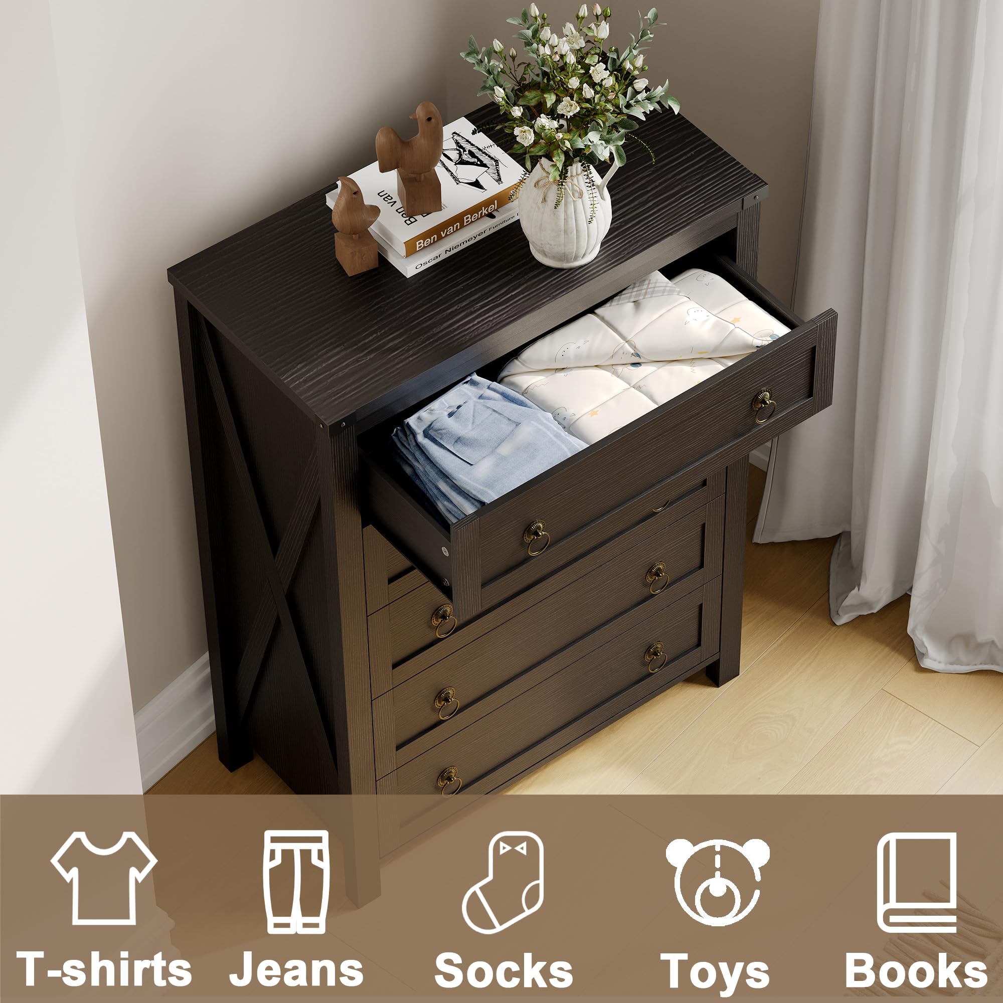 ChooChoo 5 Drawer Dresser for Bedroom, 44.1" Tall Farmhouse Chest of Drawers, Dresser TV Stand with Metal Handle, Storage Organizer Closet for Living Room, Hallway, Black - Image 8