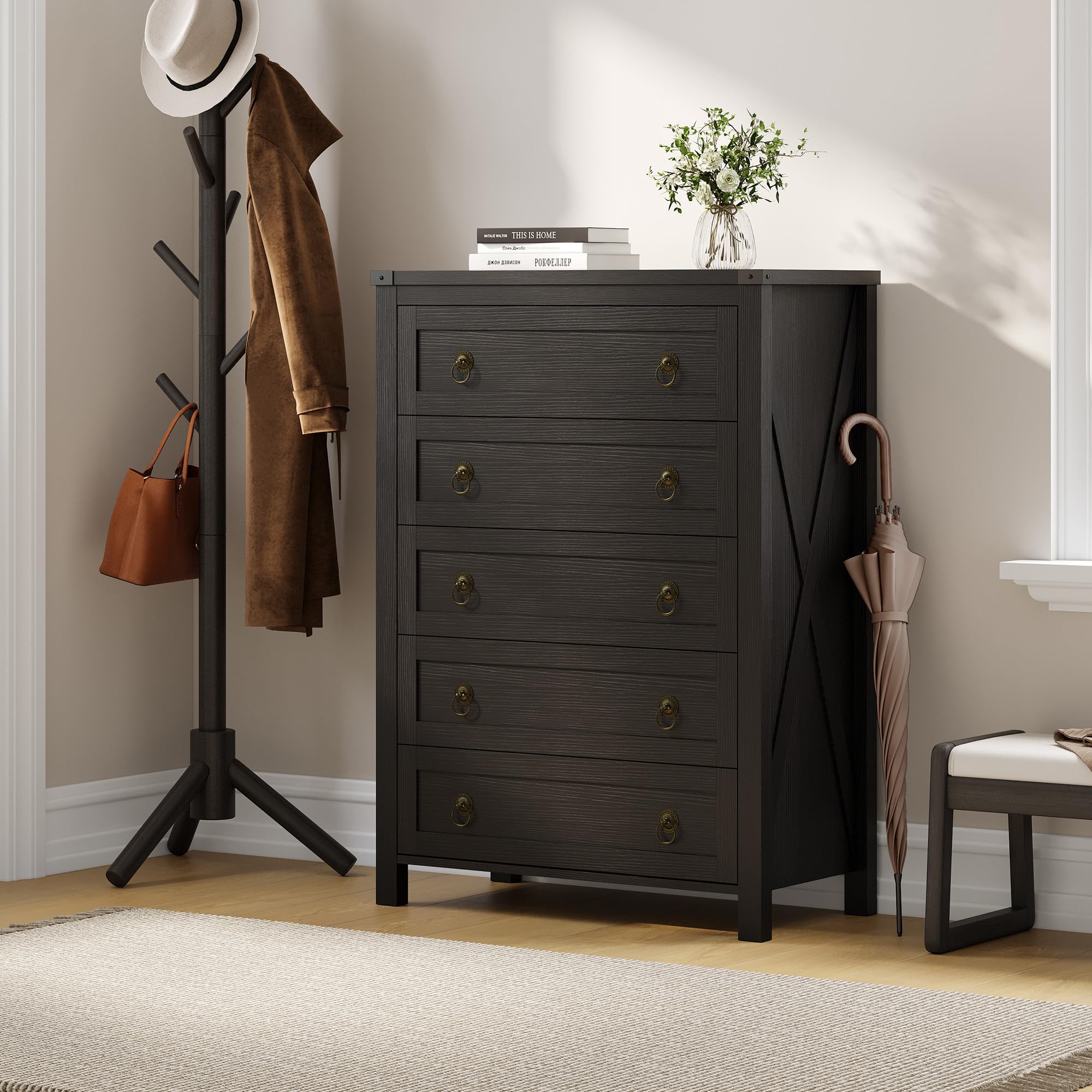 ChooChoo 5 Drawer Dresser for Bedroom, 44.1" Tall Farmhouse Chest of Drawers, Dresser TV Stand with Metal Handle, Storage Organizer Closet for Living Room, Hallway, Black - Image 9