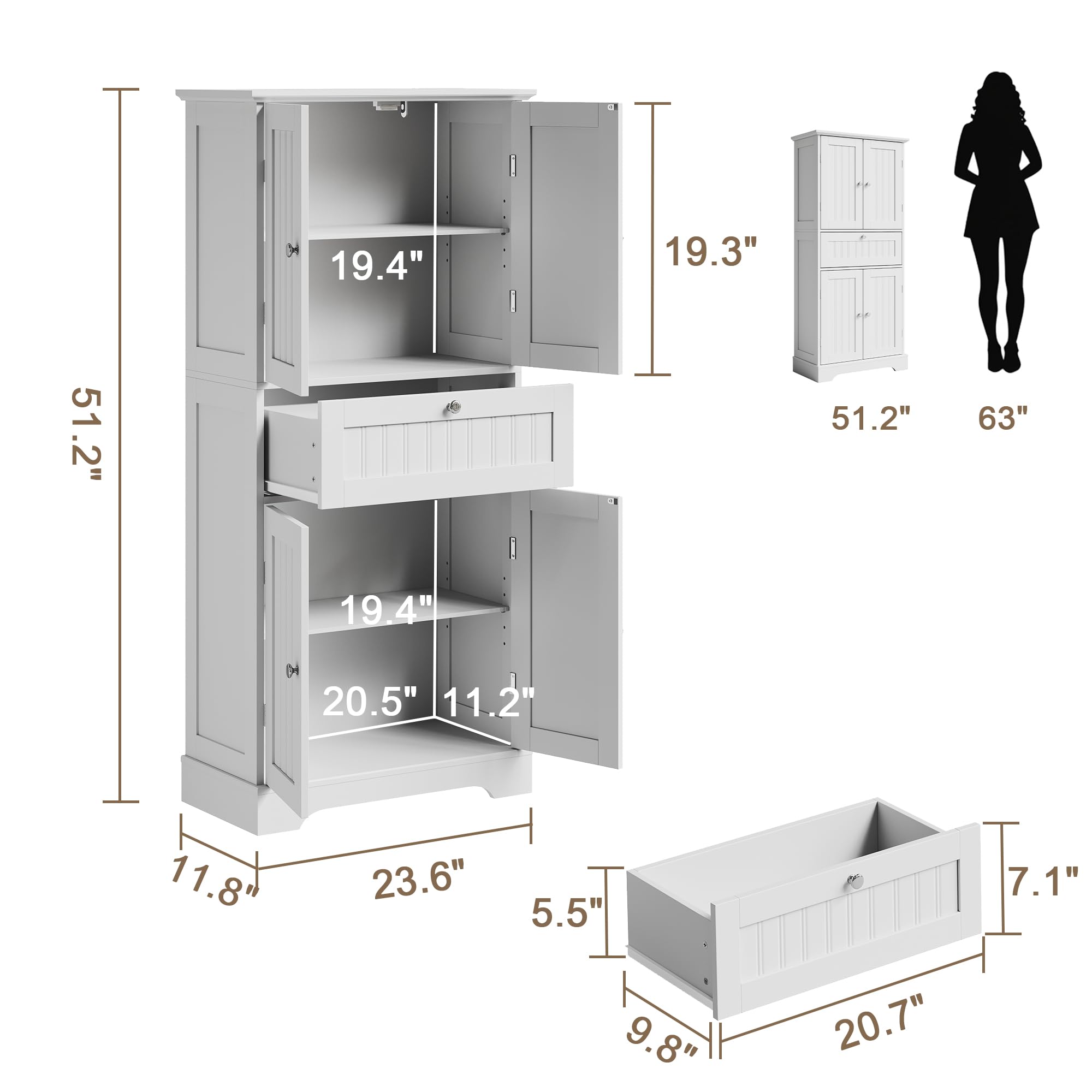 ChooChoo 51" H Tall Bathroom Floor Cabinet, Modern Bathroom Storage Cabinet with Drawer and Adjustable Shelves, Freestanding Kitchen Pantry Cupboard with 4 Doors for Living Room, White - Image 3