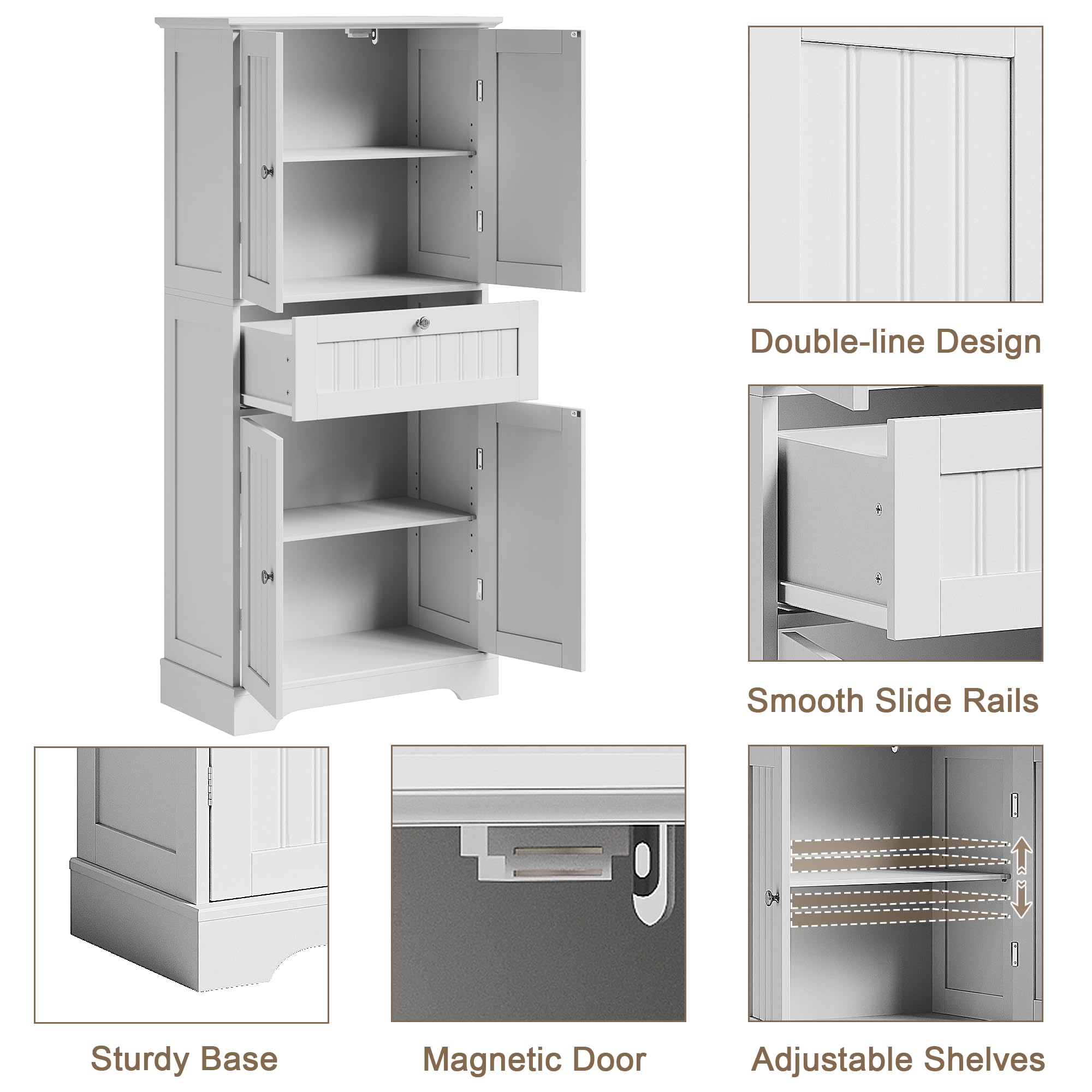 ChooChoo 51" H Tall Bathroom Floor Cabinet, Modern Bathroom Storage Cabinet with Drawer and Adjustable Shelves, Freestanding Kitchen Pantry Cupboard with 4 Doors for Living Room, White - Image 4