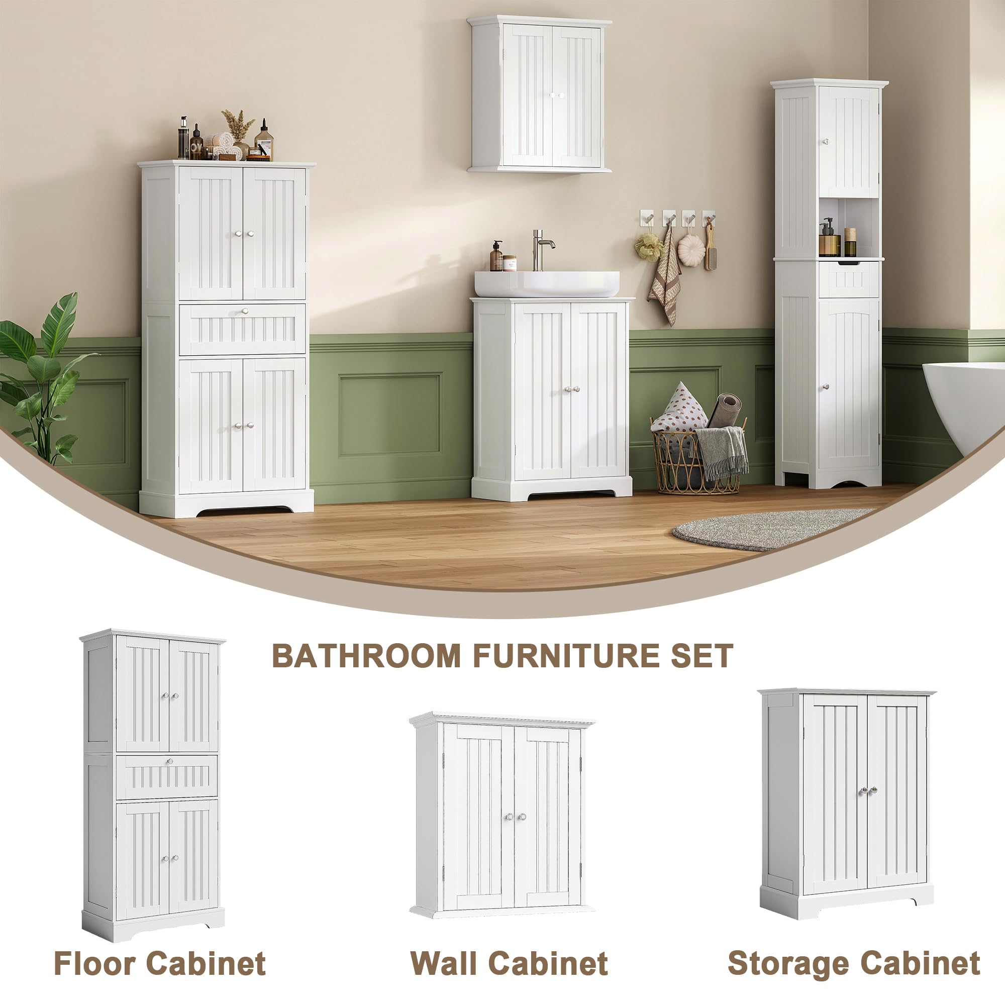 ChooChoo 51" H Tall Bathroom Floor Cabinet, Modern Bathroom Storage Cabinet with Drawer and Adjustable Shelves, Freestanding Kitchen Pantry Cupboard with 4 Doors for Living Room, White - Image 5