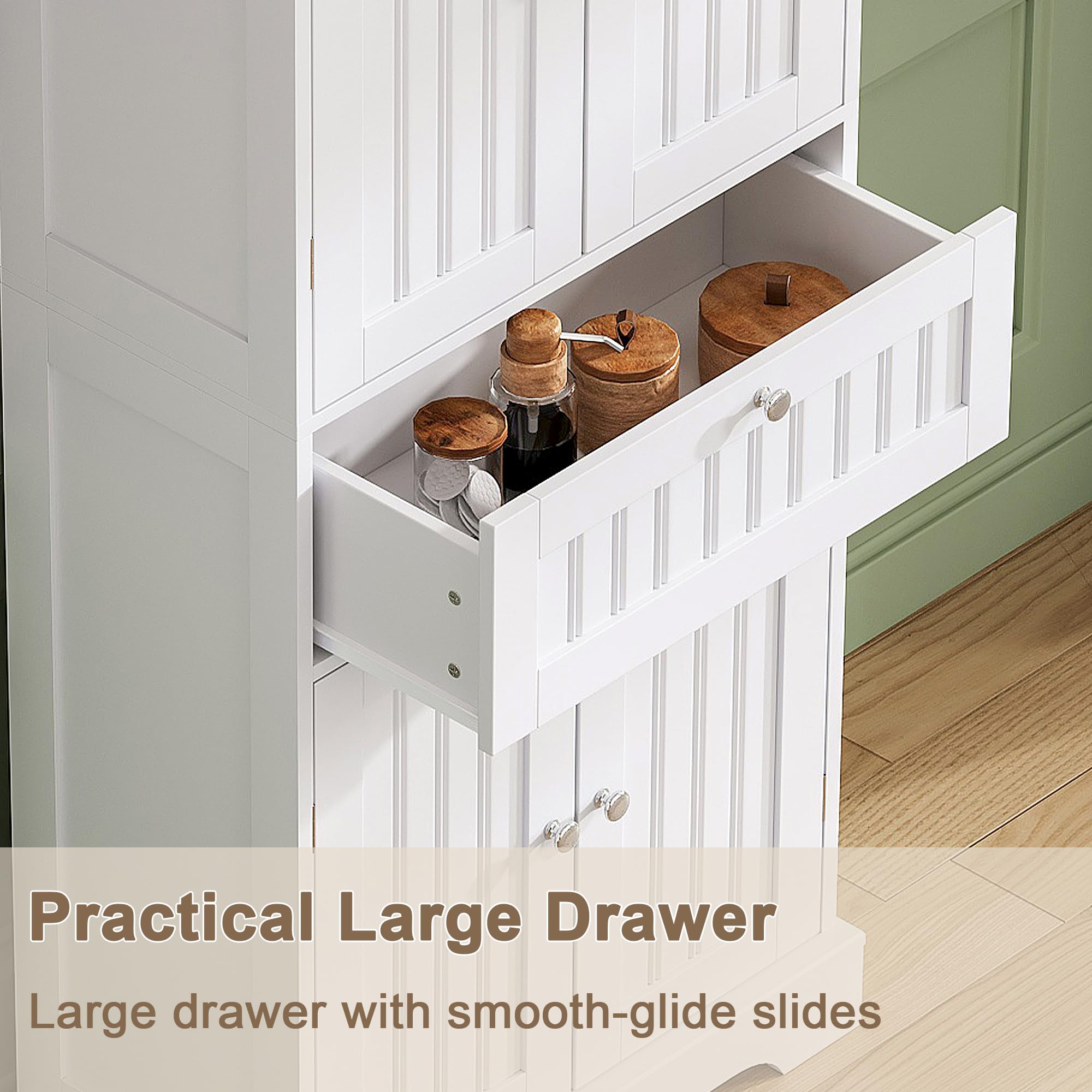 ChooChoo 51" H Tall Bathroom Floor Cabinet, Modern Bathroom Storage Cabinet with Drawer and Adjustable Shelves, Freestanding Kitchen Pantry Cupboard with 4 Doors for Living Room, White - Image 6