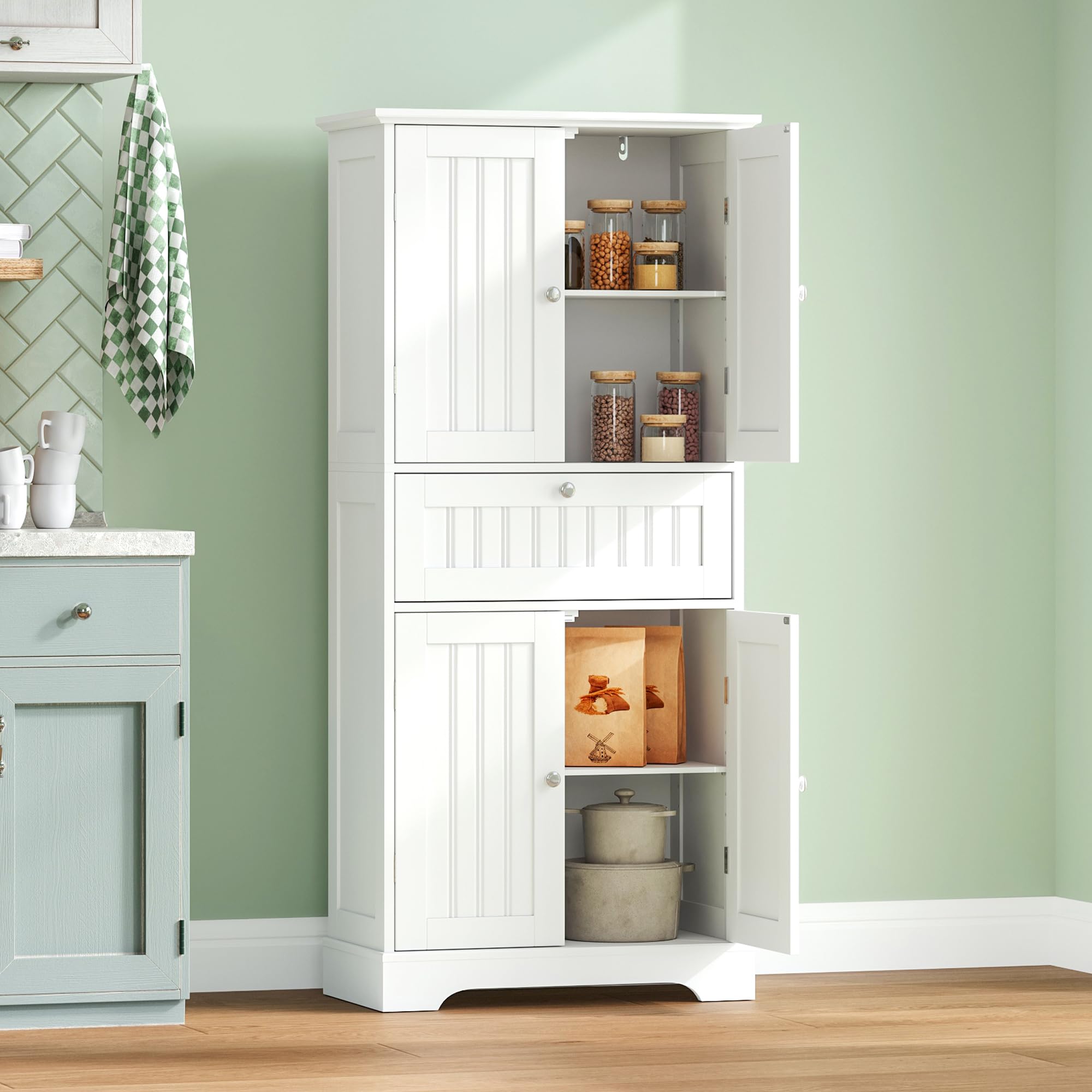 ChooChoo 51" H Tall Bathroom Floor Cabinet, Modern Bathroom Storage Cabinet with Drawer and Adjustable Shelves, Freestanding Kitchen Pantry Cupboard with 4 Doors for Living Room, White - Image 7