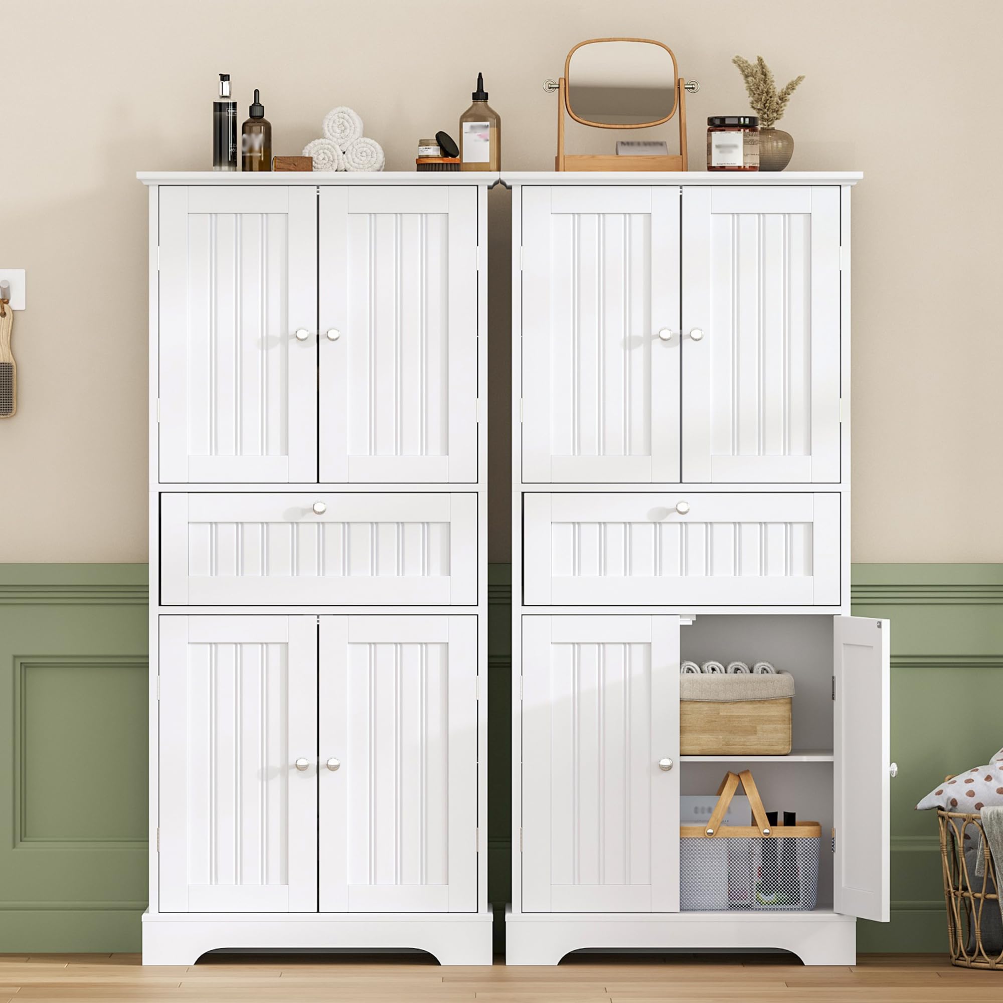 ChooChoo 51" H Tall Bathroom Floor Cabinet, Modern Bathroom Storage Cabinet with Drawer and Adjustable Shelves, Freestanding Kitchen Pantry Cupboard with 4 Doors for Living Room, White - Image 8