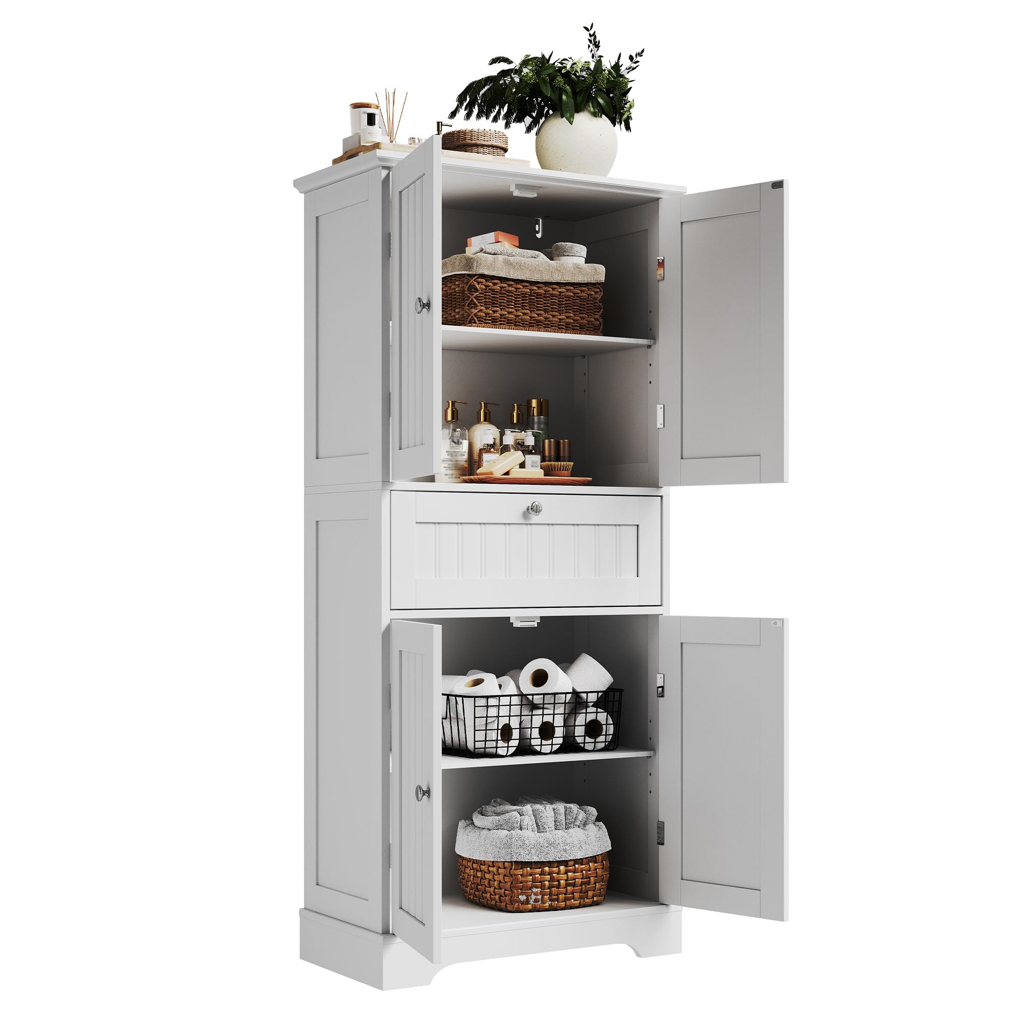 ChooChoo 51" H Tall Bathroom Floor Cabinet, Modern Bathroom Storage Cabinet with Drawer and Adjustable Shelves, Freestanding Kitchen Pantry Cupboard with 4 Doors for Living Room, White - Image 9