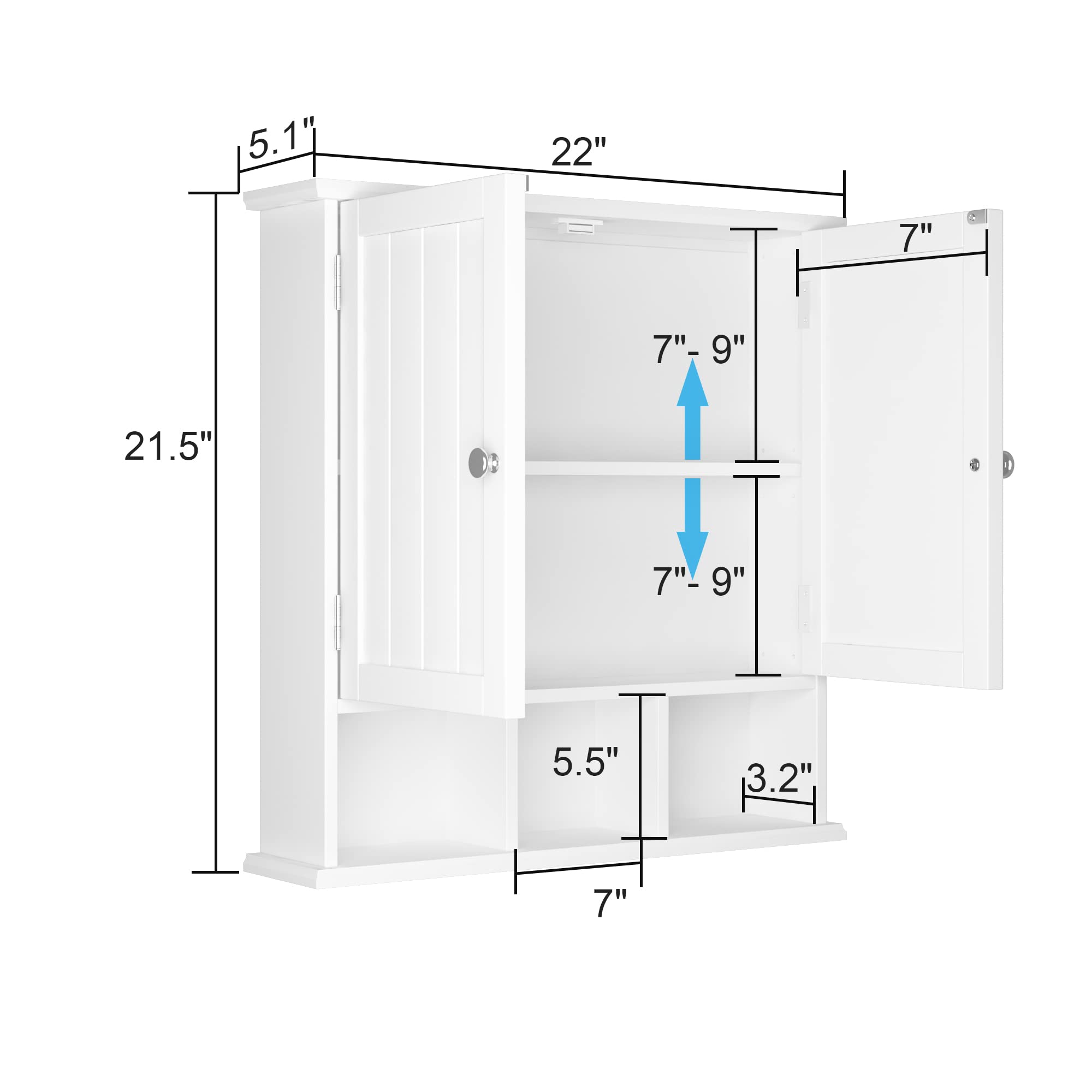ChooChoo Bathroom Cabinet Wall Mounted 2-Door with 3 Open Shelves, Wooden Medicine Cabinets with Adjustable Shelf, Space Saver Storage Cabinets Over The Toilet for Bathroom&Living Room, White - Image 3