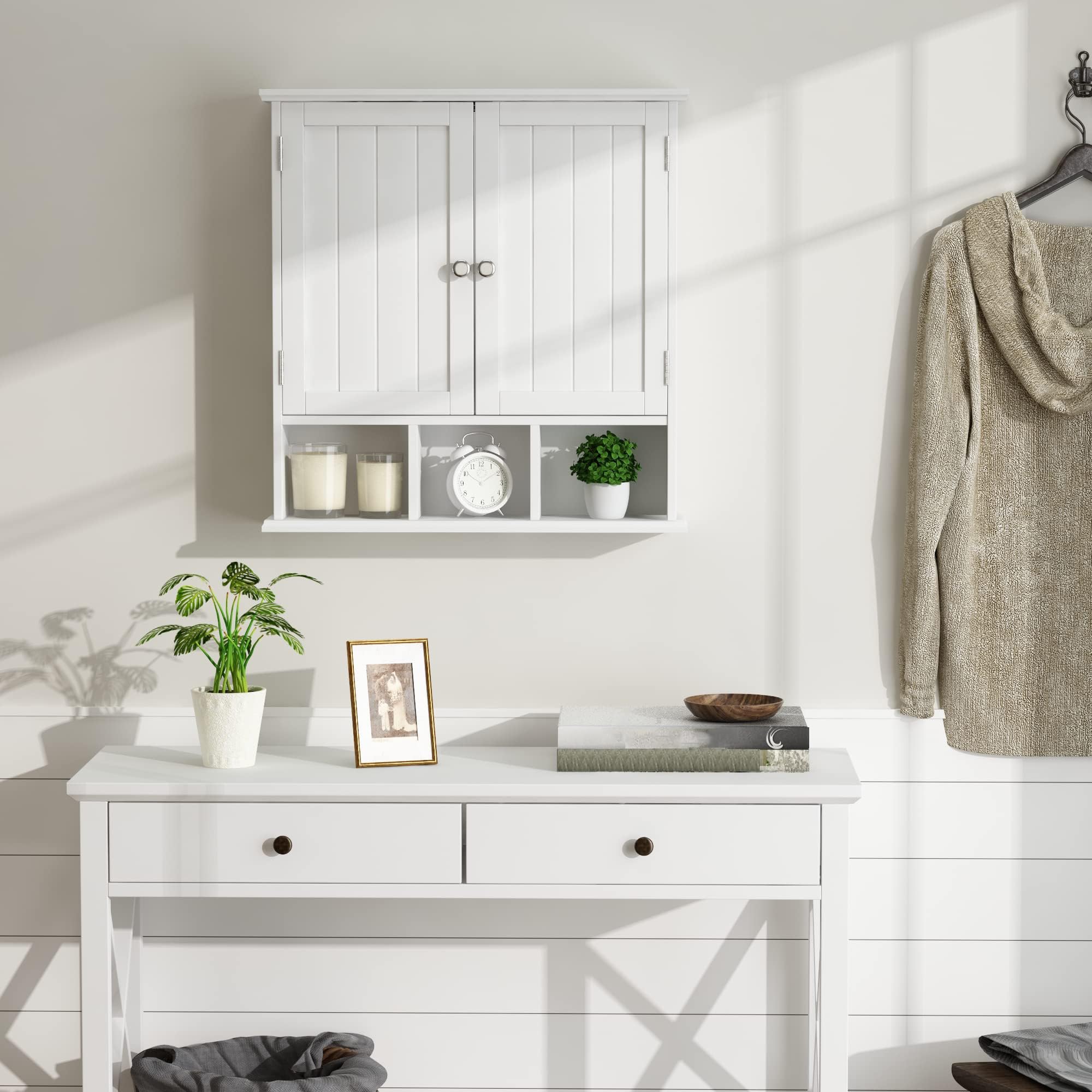 ChooChoo Bathroom Cabinet Wall Mounted 2-Door with 3 Open Shelves, Wooden Medicine Cabinets with Adjustable Shelf, Space Saver Storage Cabinets Over The Toilet for Bathroom&Living Room, White - Image 4