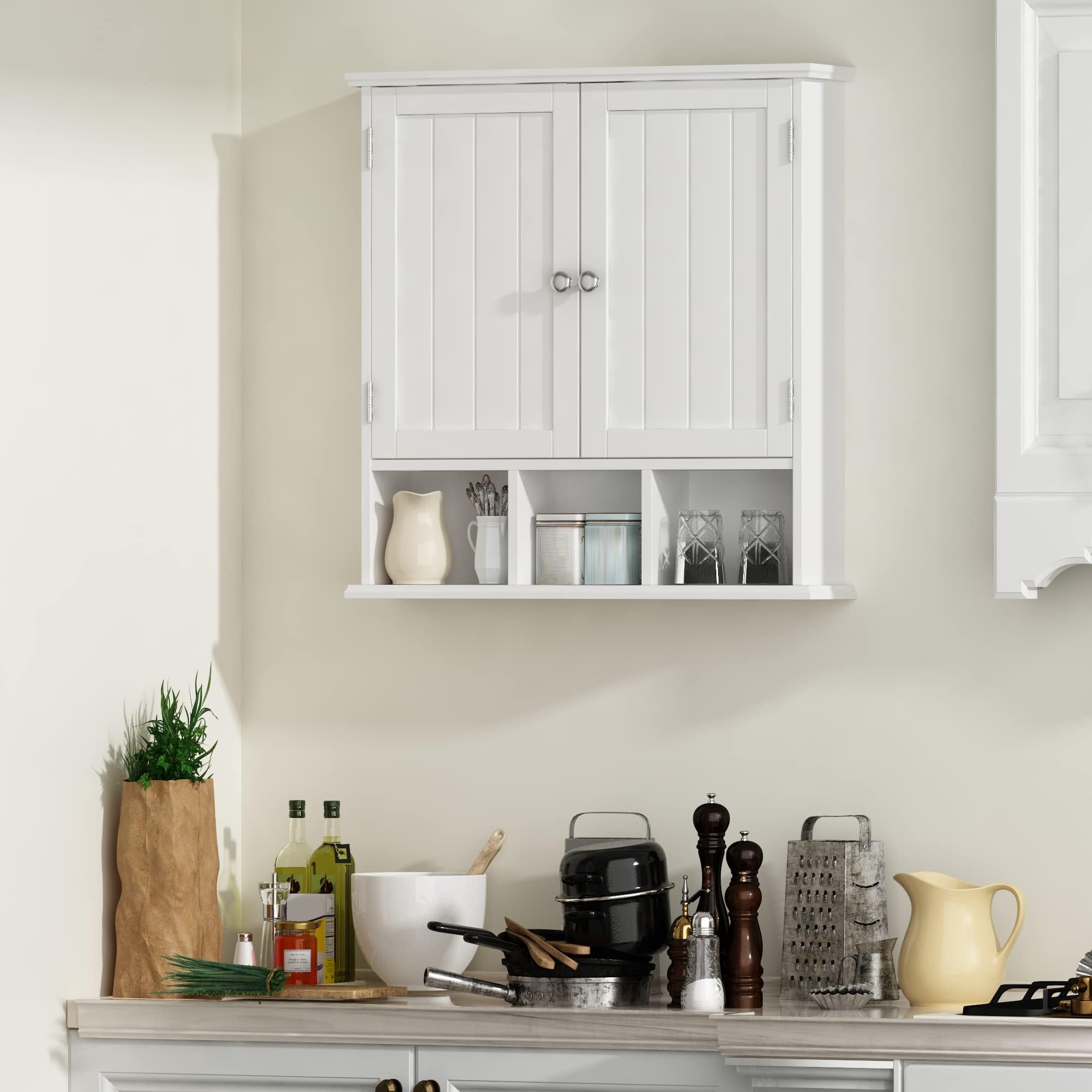 ChooChoo Bathroom Cabinet Wall Mounted 2-Door with 3 Open Shelves, Wooden Medicine Cabinets with Adjustable Shelf, Space Saver Storage Cabinets Over The Toilet for Bathroom&Living Room, White - Image 6