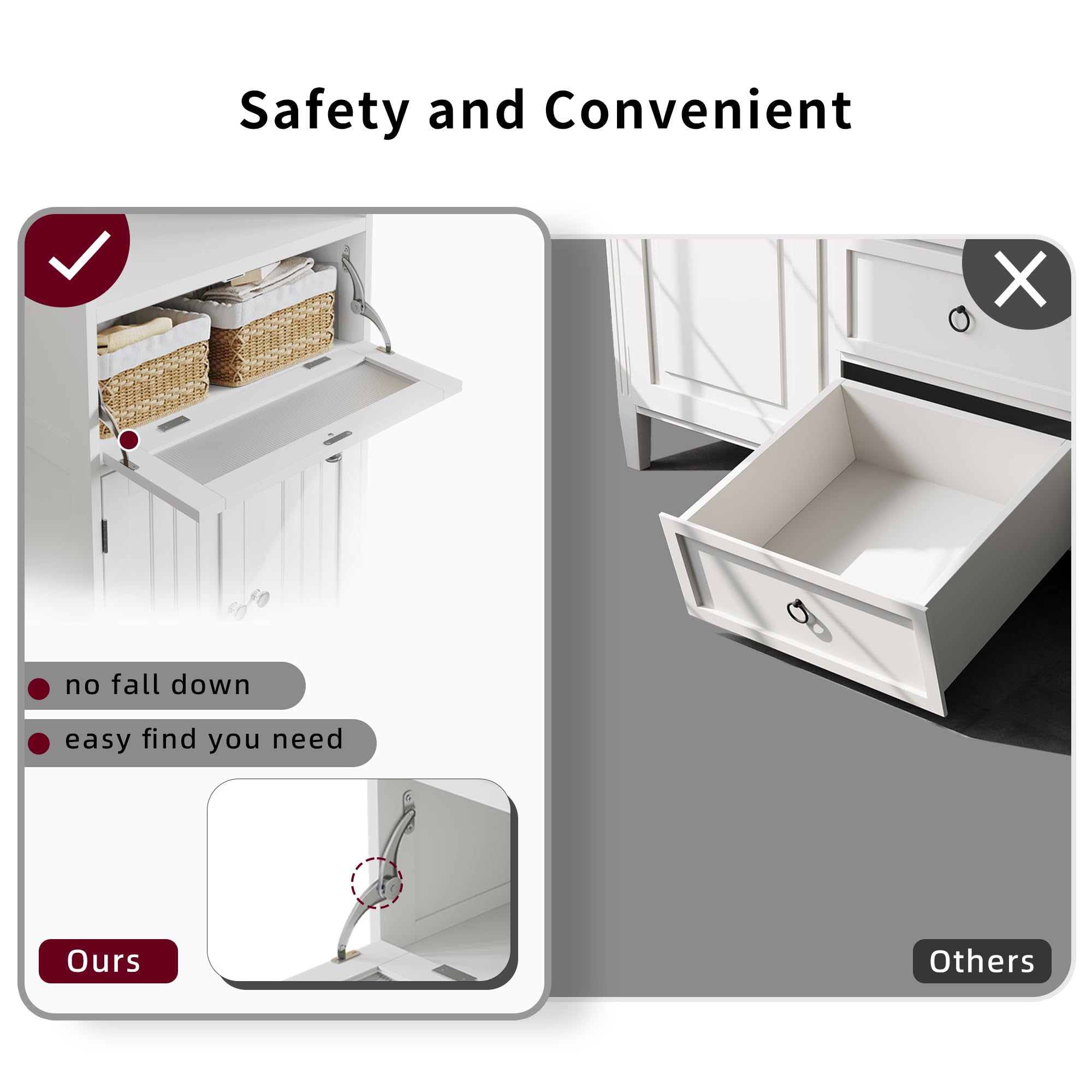 ChooChoo Bathroom Floor Storage Cabinet with Flip Glass Drawer, Freestanding with 2 Doors, Adjustable Shelf & Open Storage for Living Room, Hallway, White - Image 4