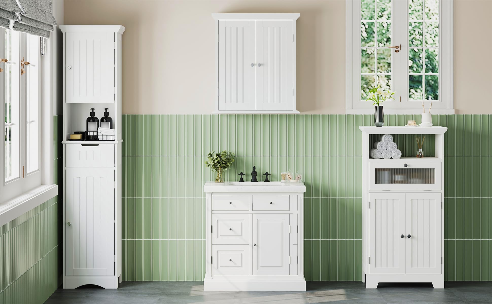 ChooChoo Bathroom Floor Storage Cabinet with Flip Glass Drawer, Freestanding with 2 Doors, Adjustable Shelf & Open Storage for Living Room, Hallway, White - Image 6