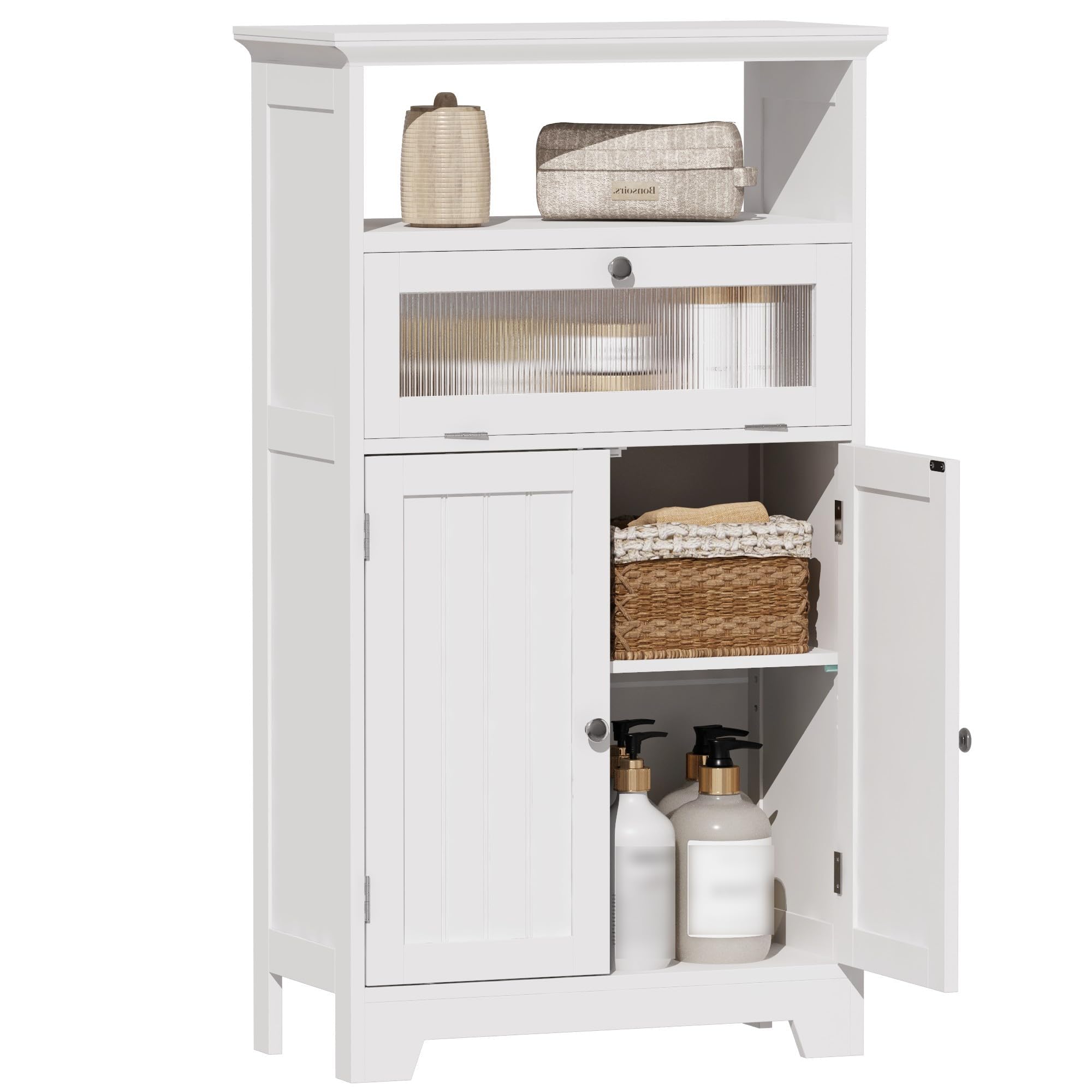 ChooChoo Bathroom Floor Storage Cabinet with Flip Glass Drawer, Freestanding with 2 Doors, Adjustable Shelf & Open Storage for Living Room, Hallway, White - Image 7