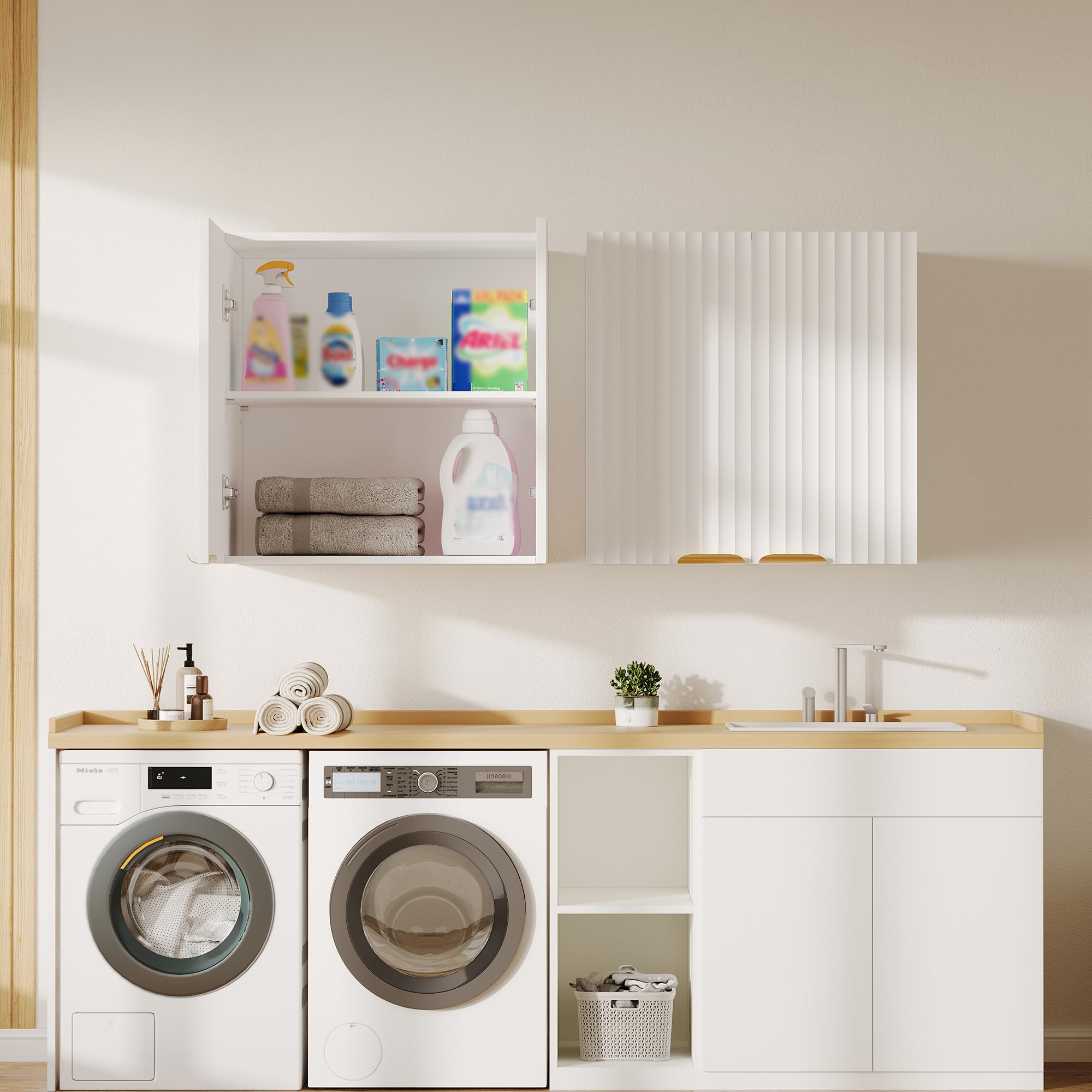 ChooChoo Bathroom Wall Cabinet, Kitchen Storage Cupboard Cabinet with 2 Doors, Fluted Laundry Room Cabinet for Bathroom, Kitchen, Garage, White - Image 4