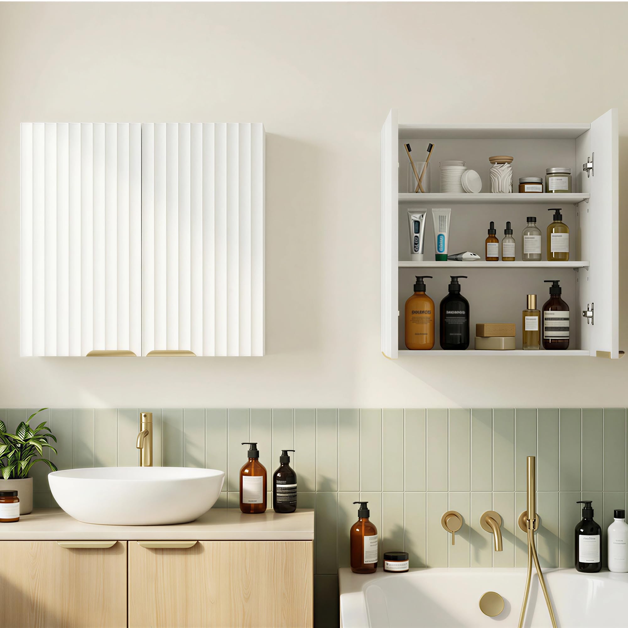 ChooChoo Bathroom Wall Cabinet, Kitchen Storage Cupboard Cabinet with 2 Doors, Fluted Laundry Room Cabinet for Bathroom, Kitchen, Garage, White - Image 7