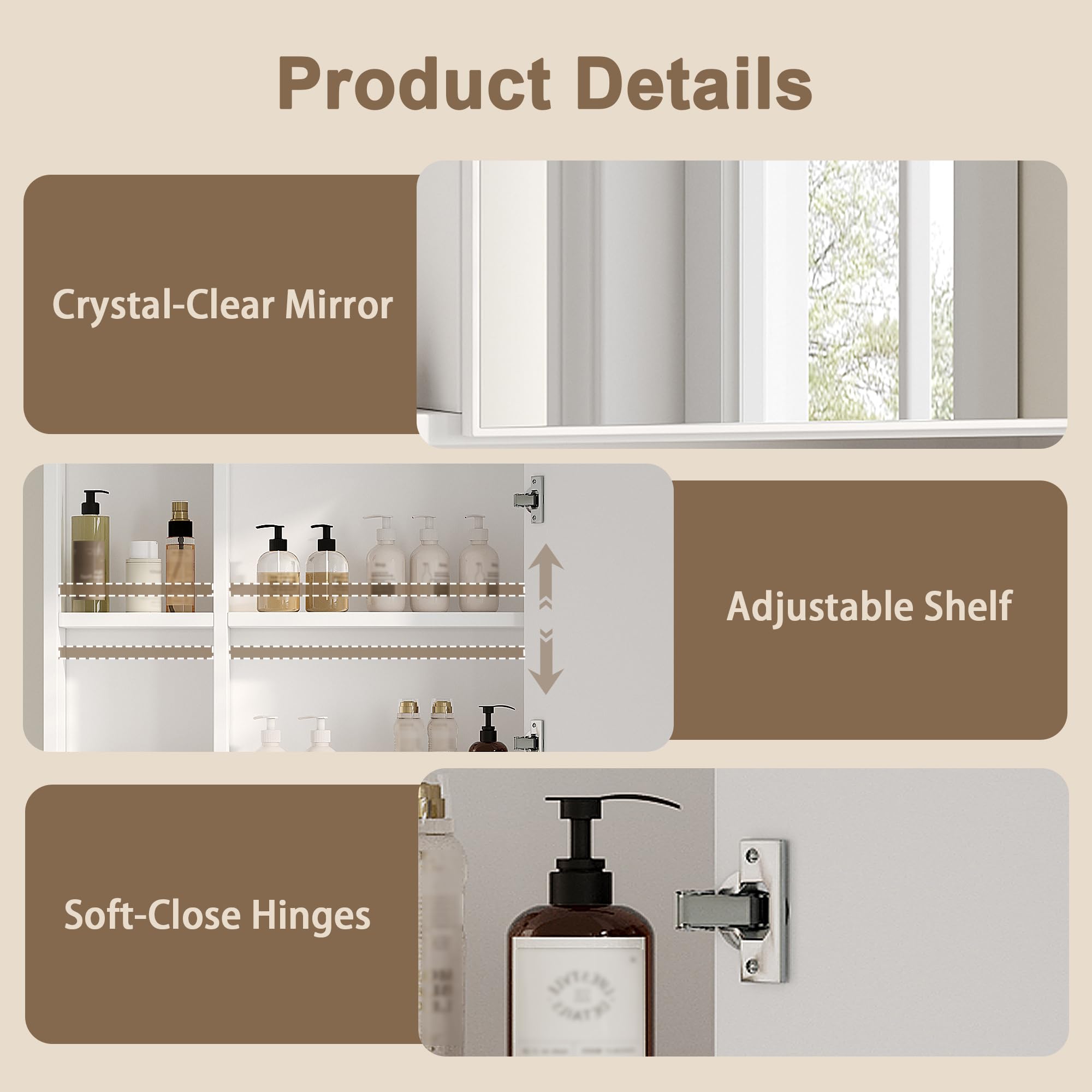 ChooChoo Bathroom Wall Mirror Cabinet, Medicine Cabinet with Single Door and Adjustable Shelf, Over The Toilet Space Saver Storage Cabinet, White - Image 3