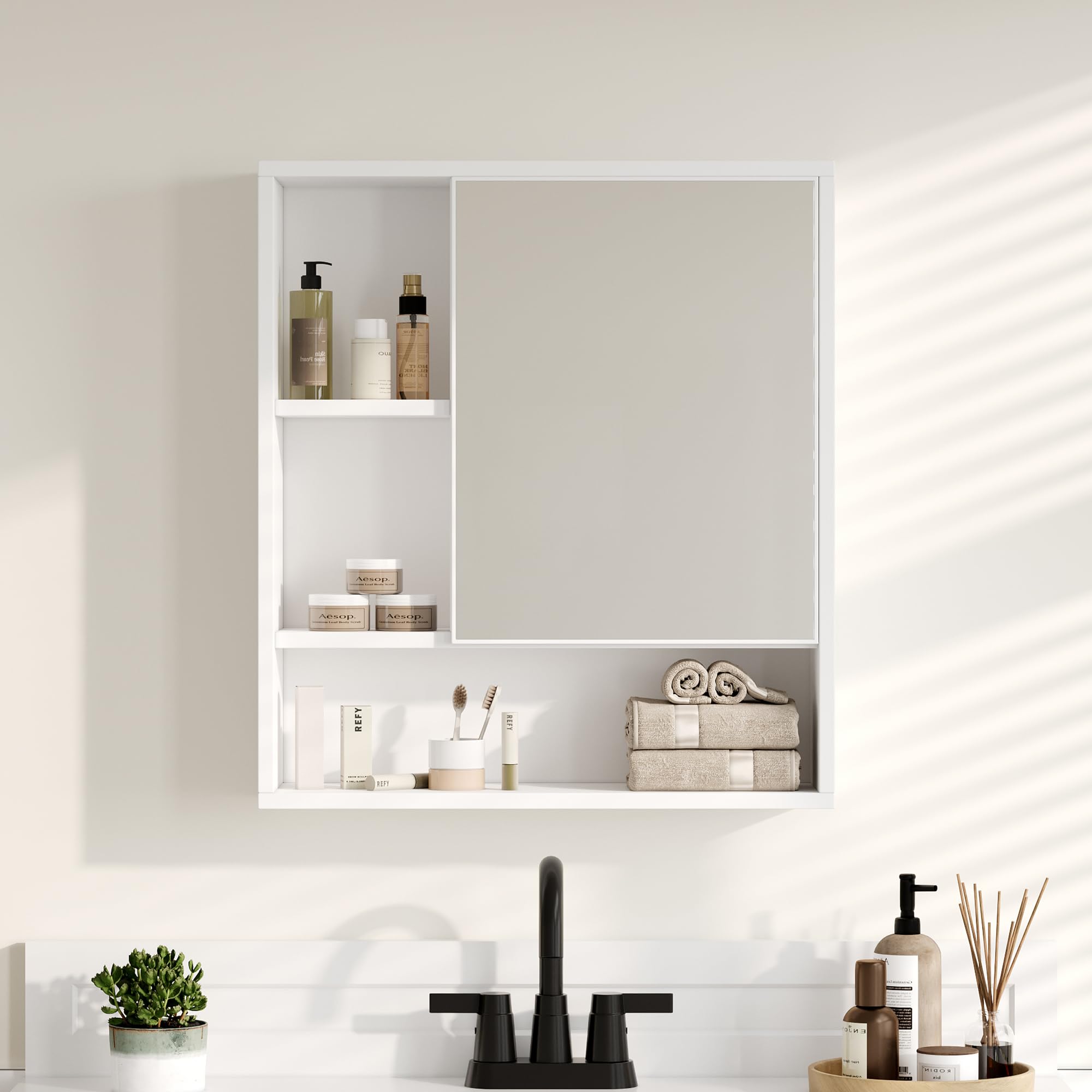 ChooChoo Bathroom Wall Mirror Cabinet, Medicine Cabinet with Single Door and Adjustable Shelf, Over The Toilet Space Saver Storage Cabinet, White - Image 4