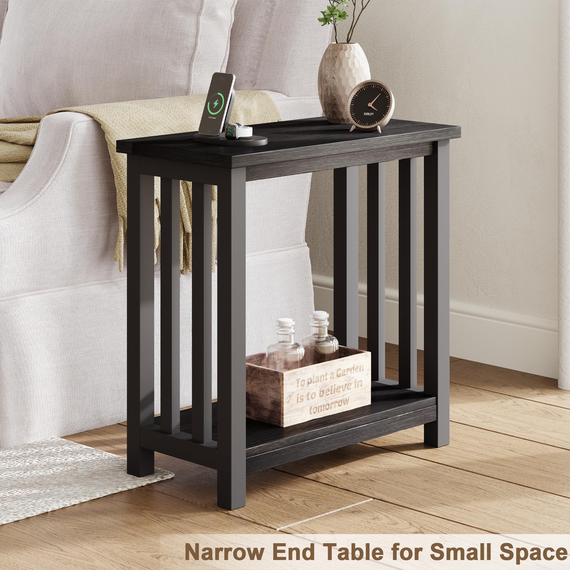 ChooChoo Black End Table for Small Spaces, Narrow Side Table, Night Stand with Storage Shelf for Living Room and Bedroom - Image 3
