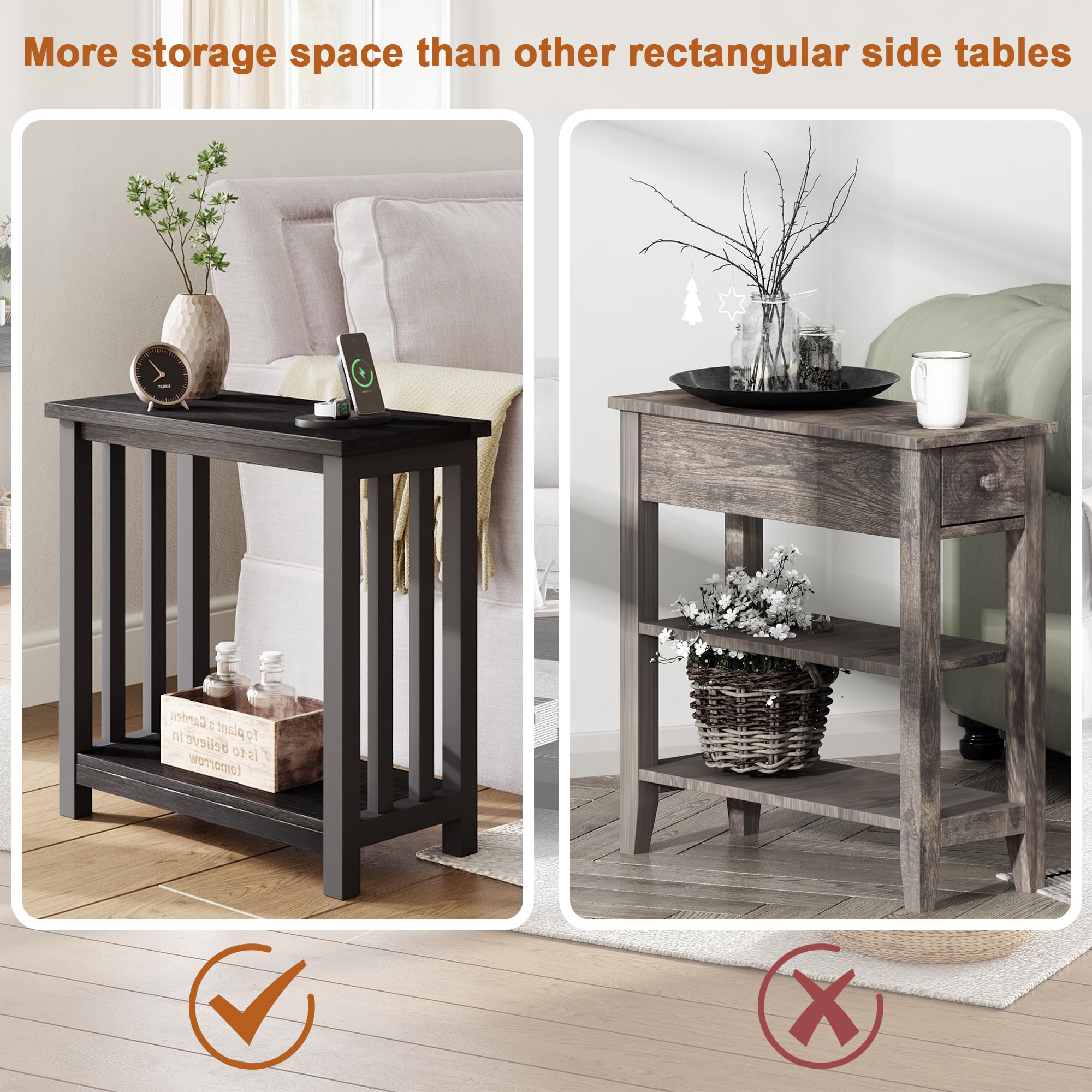 ChooChoo Black End Table for Small Spaces, Narrow Side Table, Night Stand with Storage Shelf for Living Room and Bedroom - Image 4