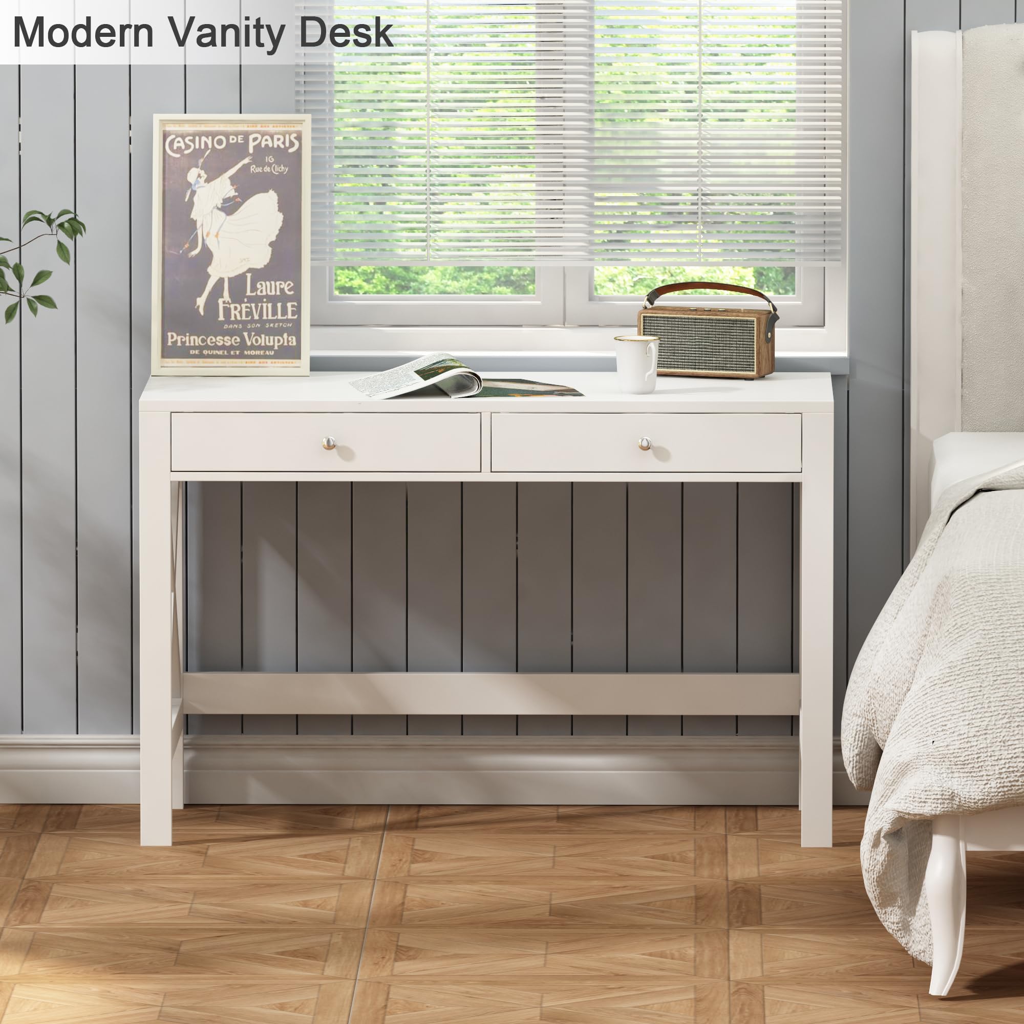 ChooChoo Computer Desk Study for Home Office, Modern Simple 40 Inches Desk with Drawers, Makeup Vanity Console Table, White - Image 4