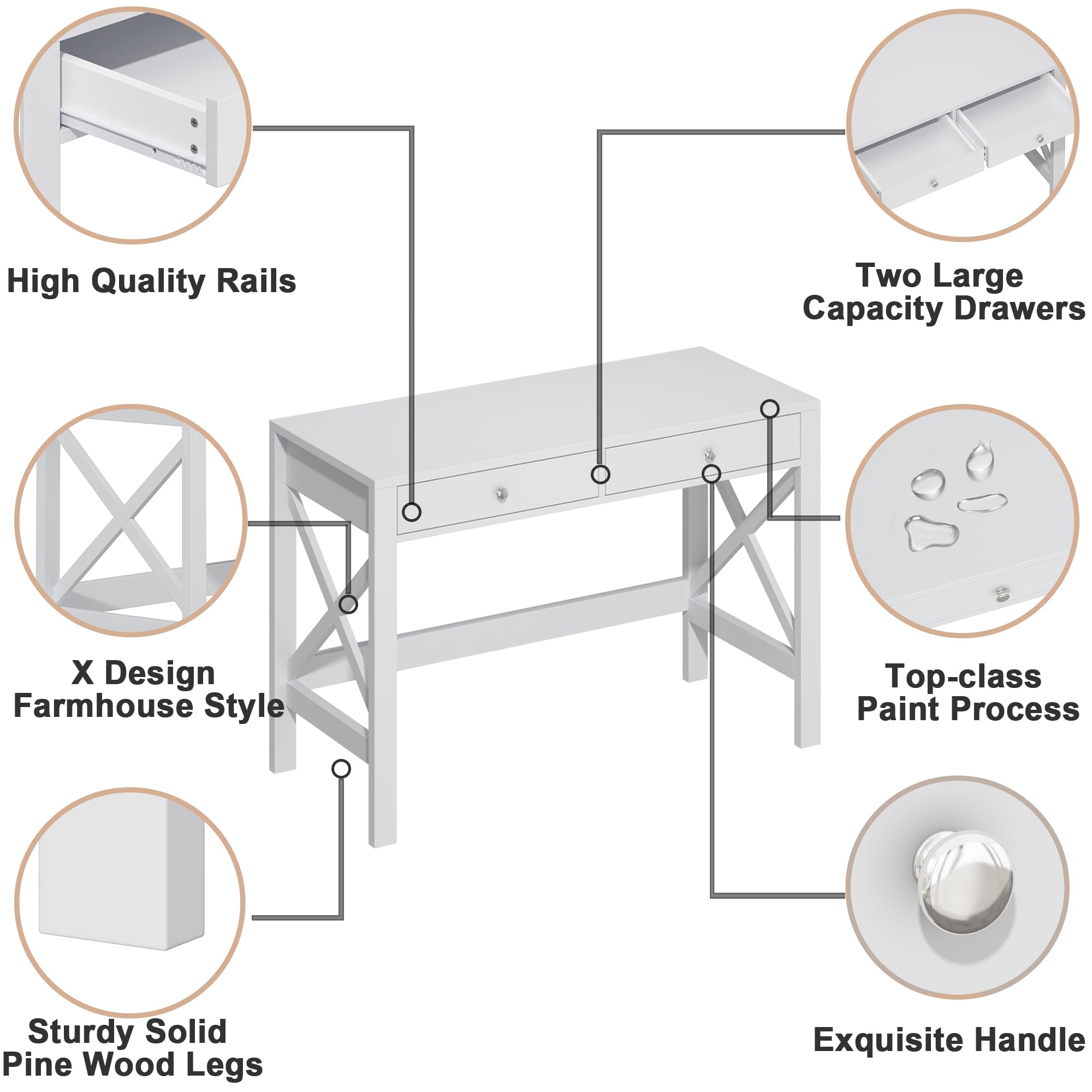 ChooChoo Computer Desk Study for Home Office, Modern Simple 40 Inches Desk with Drawers, Makeup Vanity Console Table, White - Image 5