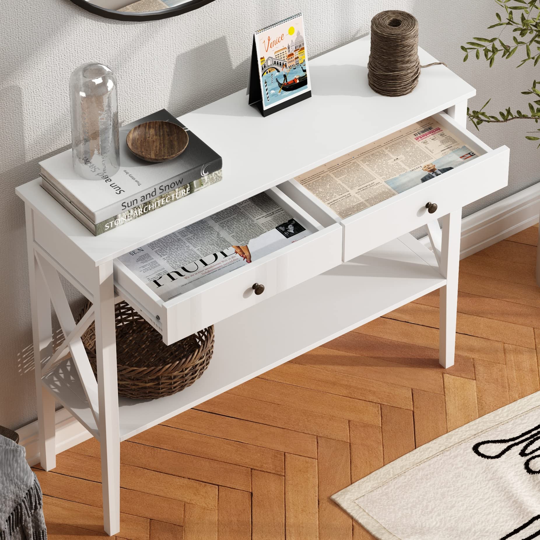 ChooChoo Console Table with Drawers, Narrow Wood Accent Sofa Table Entryway Table with Storage Shelf for Entryway, Front Hall, Hallway, Living Room, White - Image 3