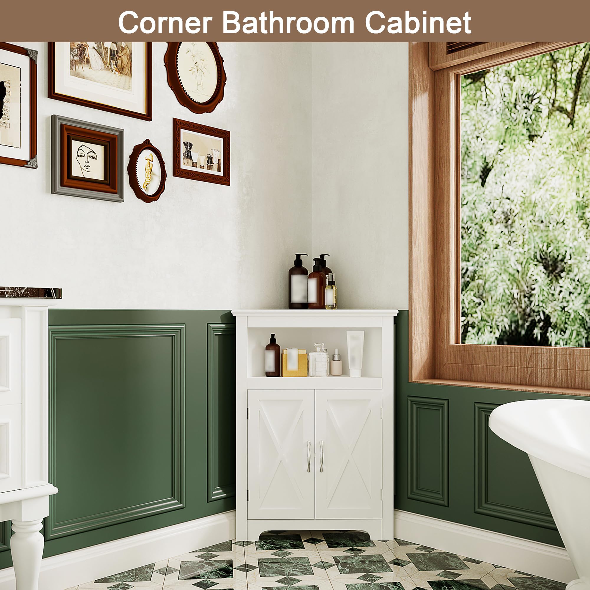 ChooChoo Corner Storage Cabinet, Small Corner Cabinet with Barn Door Design and Adjustable Shelf, Home Space Saver for Living Room, Bathroom, Kitchen, White - Image 3