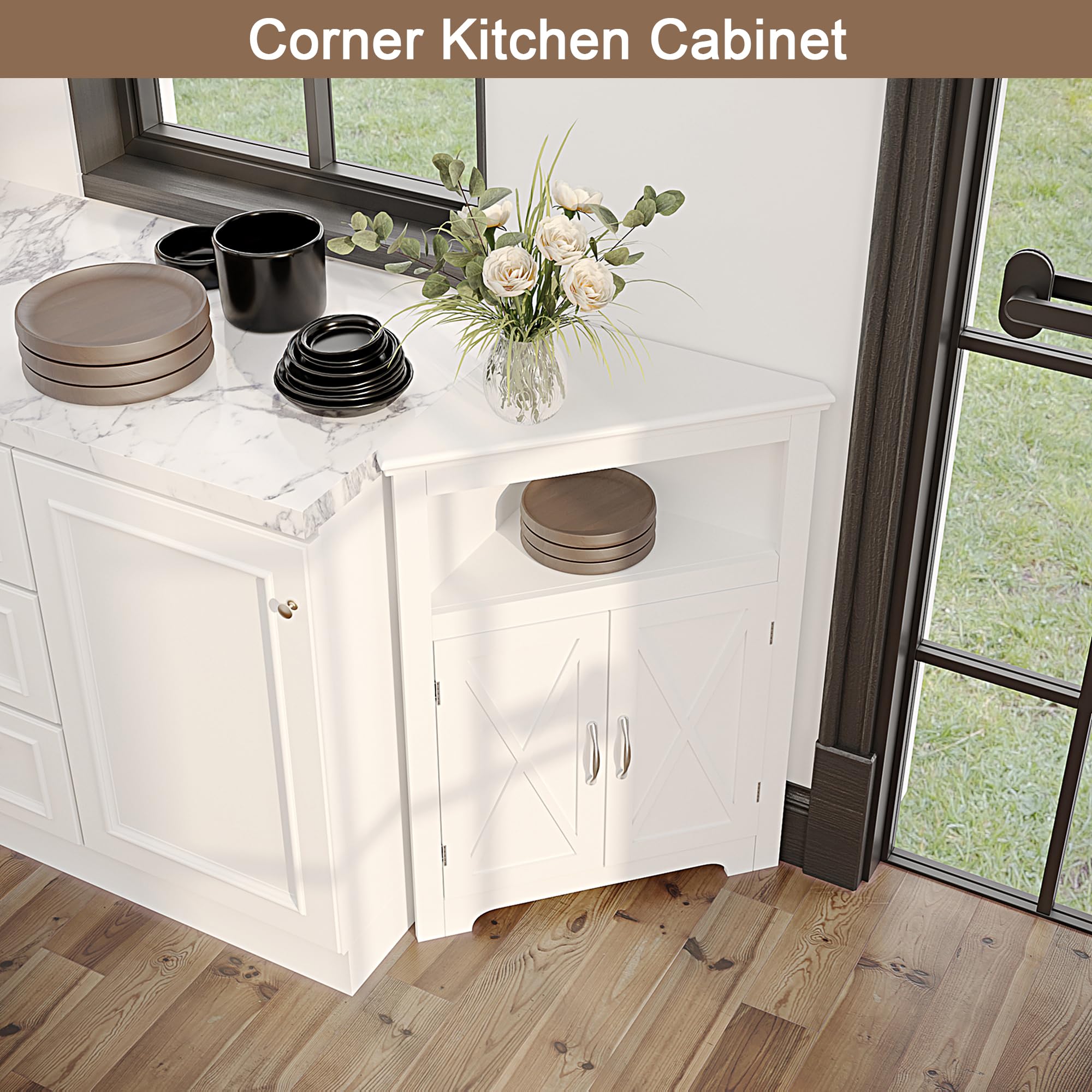 ChooChoo Corner Storage Cabinet, Small Corner Cabinet with Barn Door Design and Adjustable Shelf, Home Space Saver for Living Room, Bathroom, Kitchen, White - Image 4