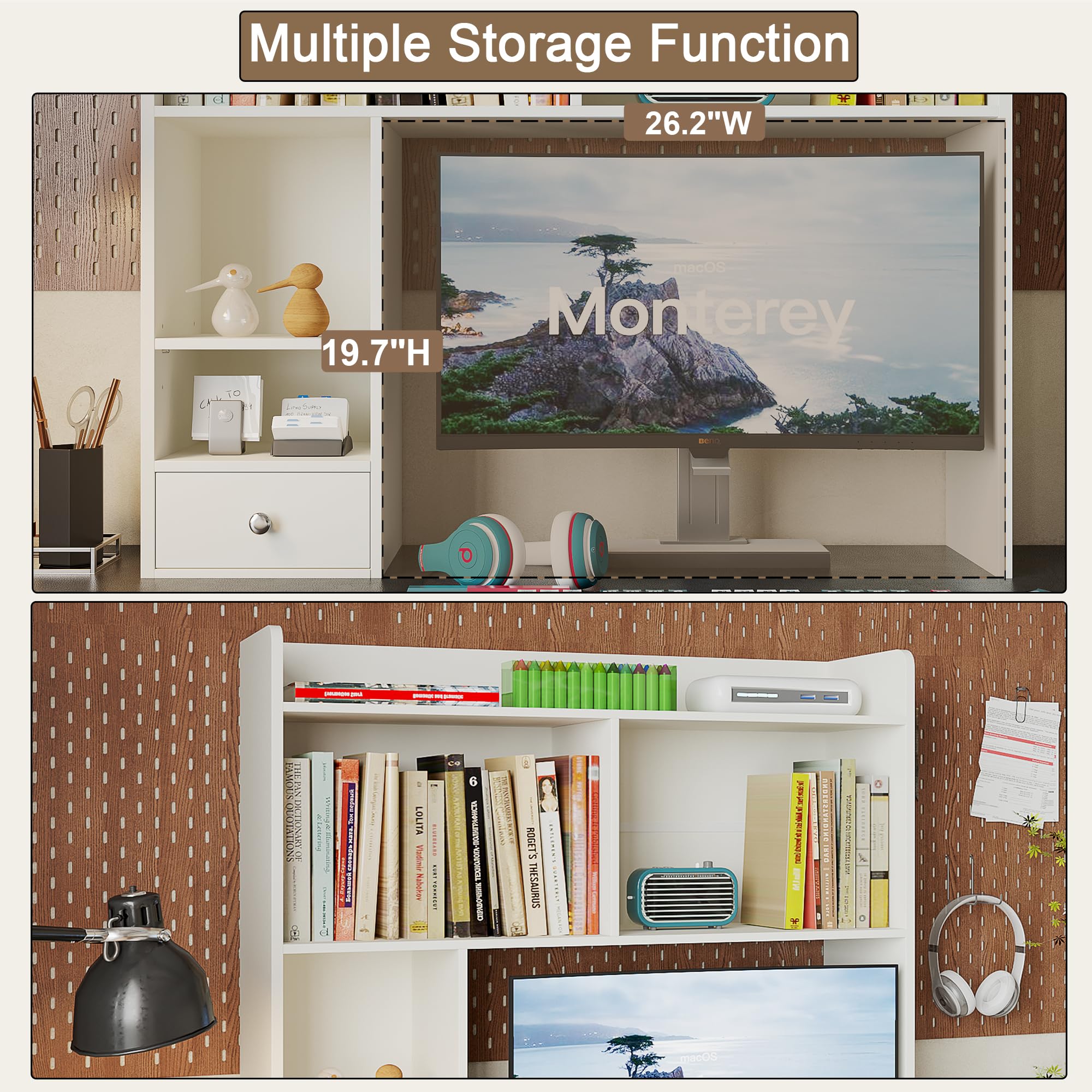 ChooChoo Desktop Bookshelf, 36.4" Tall Countertop Desk Hutch with 5 Shelves and 1 Drawer for Computer Desk, Desk Shelf Organizer for Dorm Office Home,White - Image 3