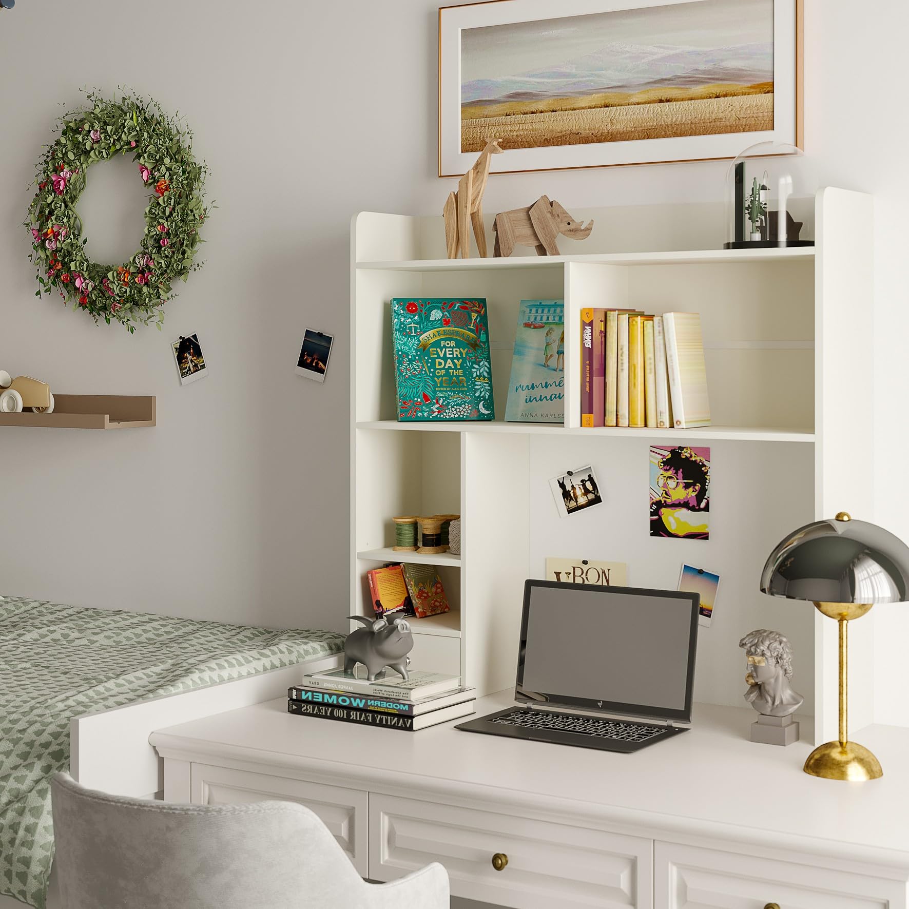 ChooChoo Desktop Bookshelf, 36.4" Tall Countertop Desk Hutch with 5 Shelves and 1 Drawer for Computer Desk, Desk Shelf Organizer for Dorm Office Home,White - Image 4