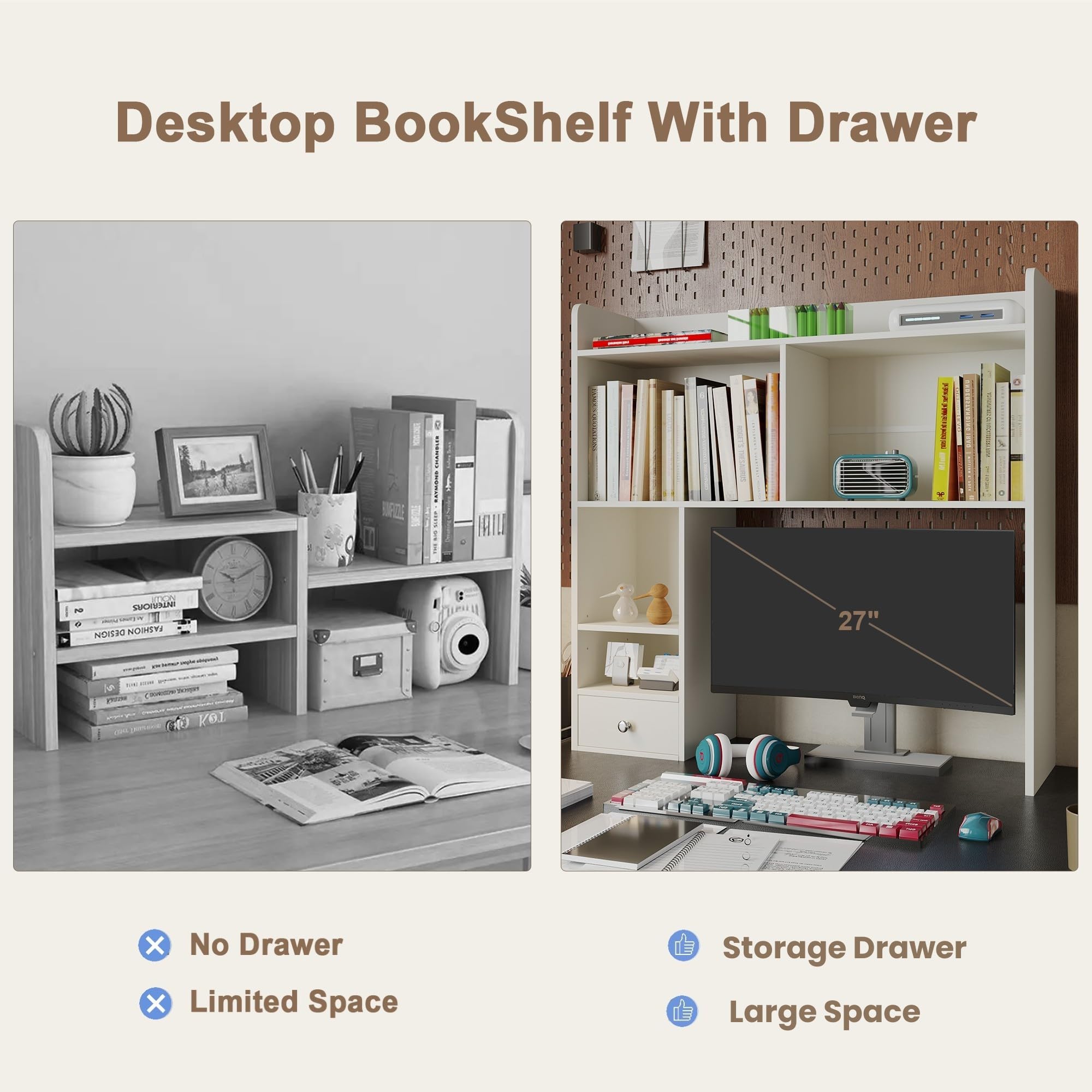 ChooChoo Desktop Bookshelf, 36.4" Tall Countertop Desk Hutch with 5 Shelves and 1 Drawer for Computer Desk, Desk Shelf Organizer for Dorm Office Home,White - Image 5