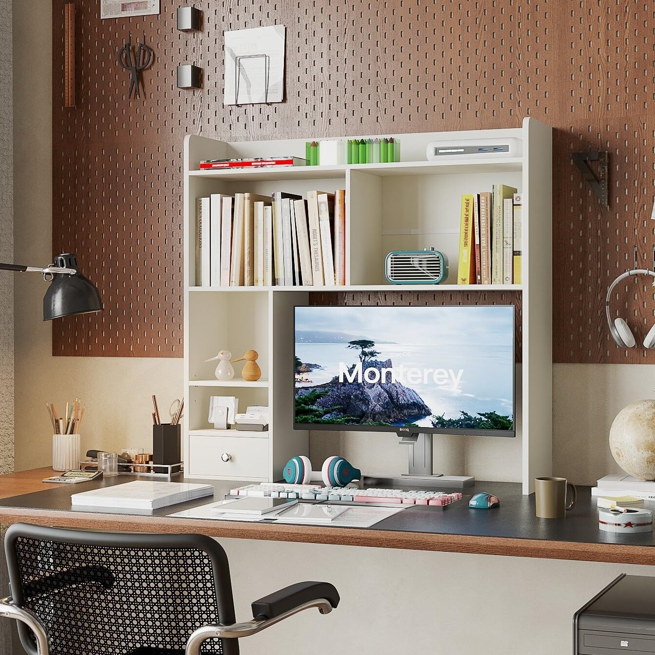 ChooChoo Desktop Bookshelf, 36.4" Tall Countertop Desk Hutch with 5 Shelves and 1 Drawer for Computer Desk, Desk Shelf Organizer for Dorm Office Home,White - Image 6